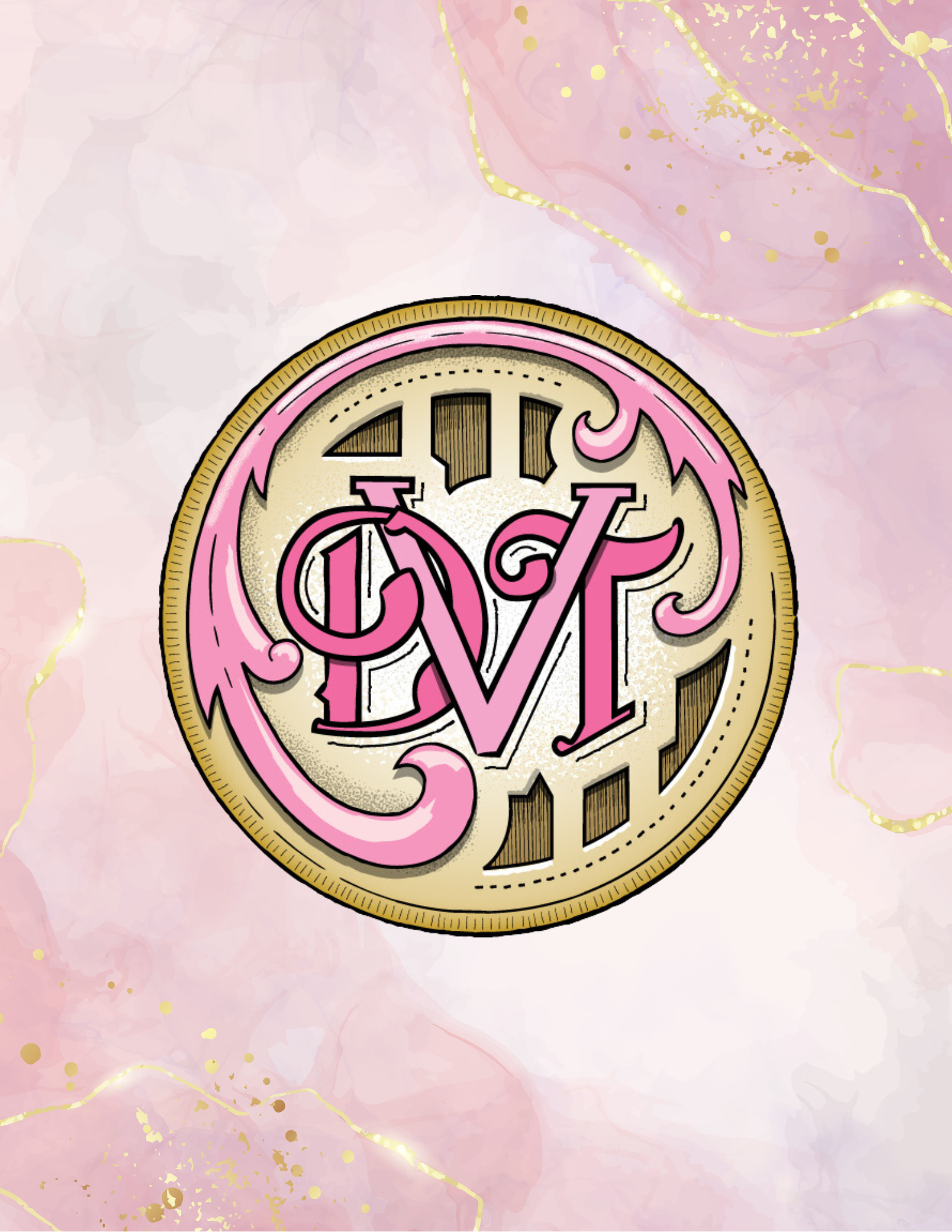 A stylized logo with a pink and gold color scheme, featuring a large letter M in the center, surrounded by decorative elements and lighting effects.