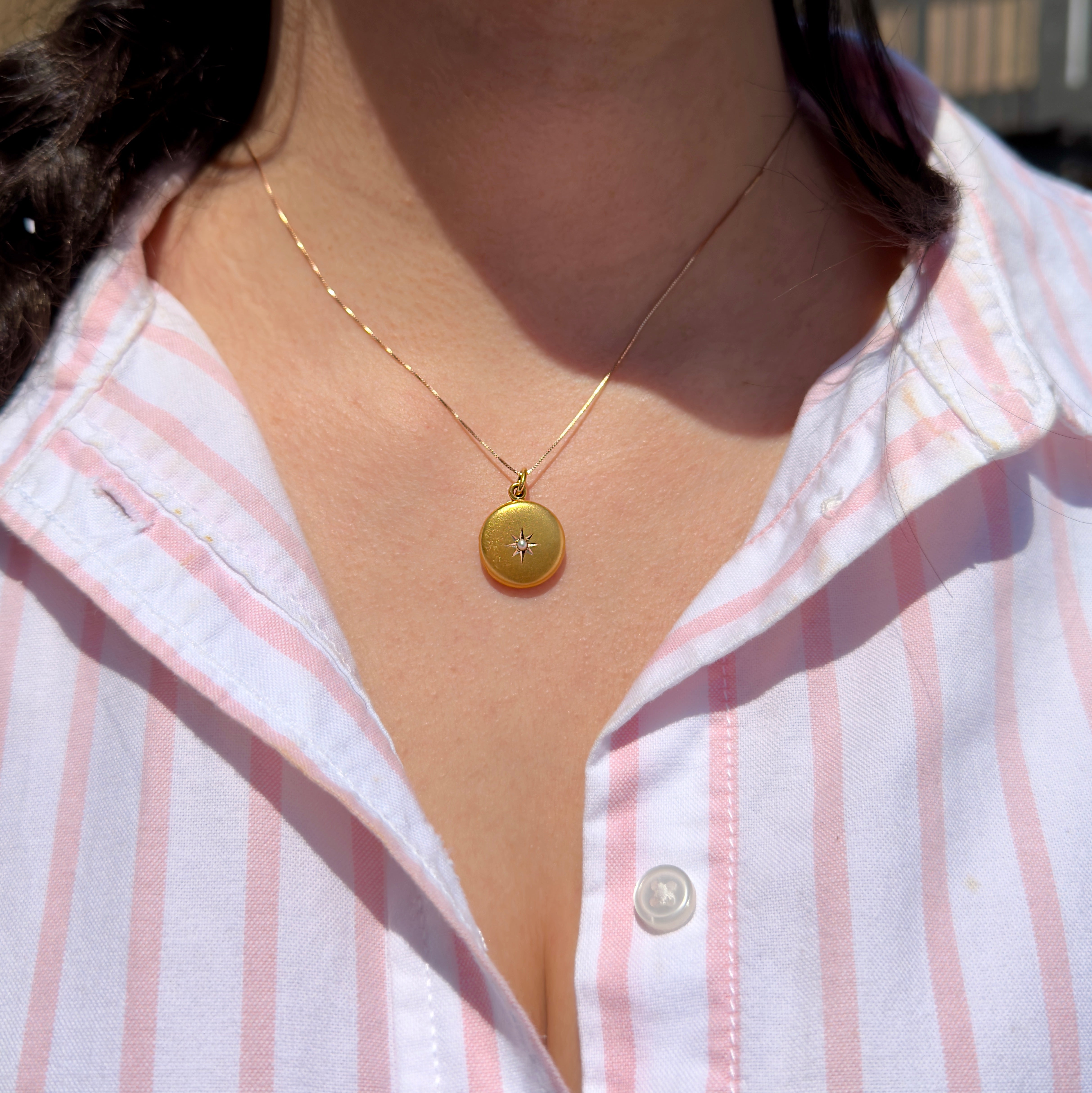 Edwardian Shreve & Co. Celestial Bloomed Gold Pearl Locket, Elizabeth 1902