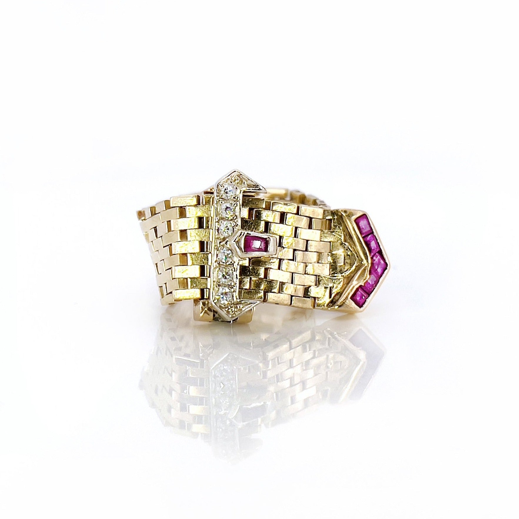 Retro Adjustable Buckle Ring, Diamonds, Rubies, Size 3 to 8.5, 14K
