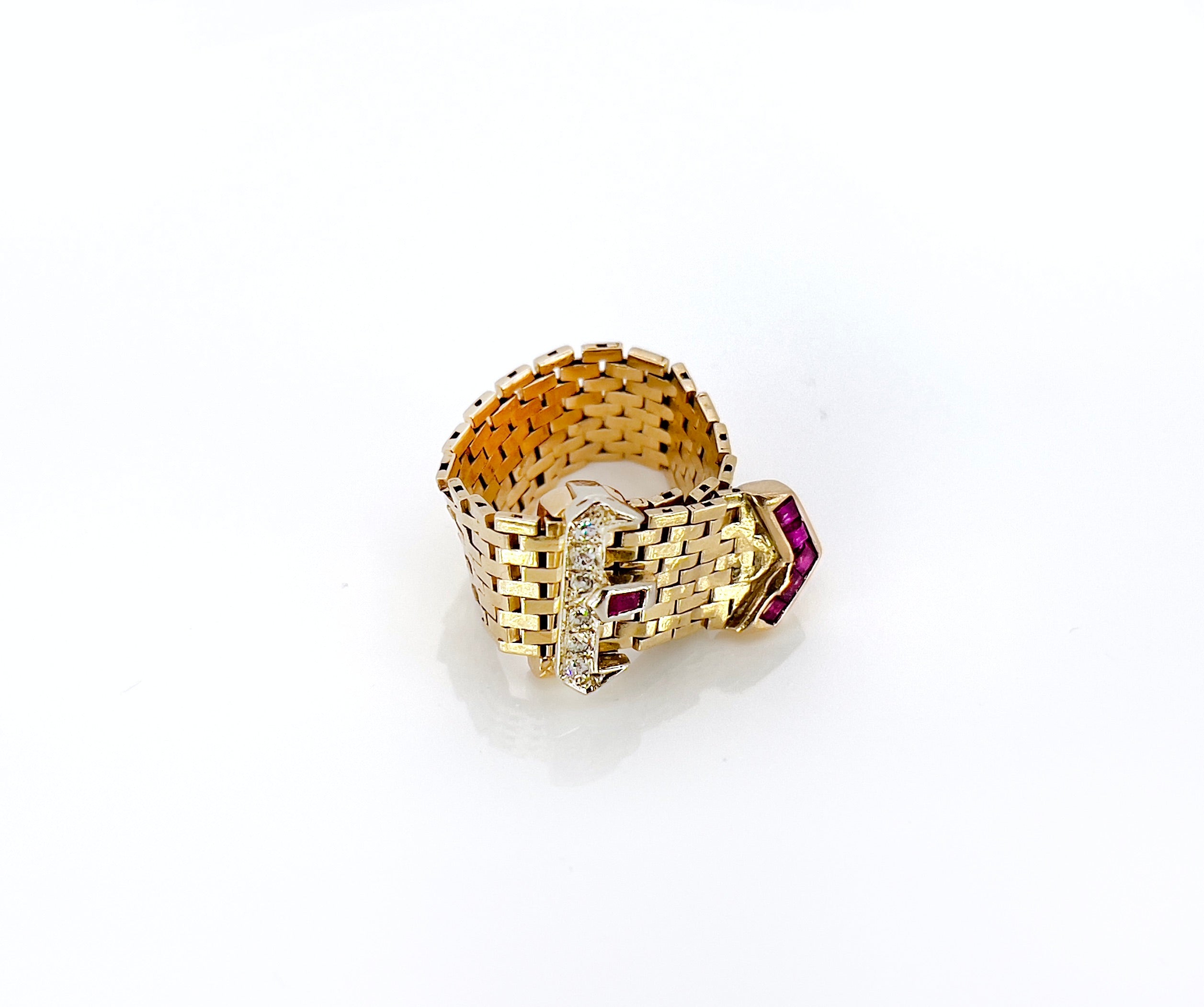 Retro Adjustable Buckle Ring, Diamonds, Rubies, Size 3 to 8.5, 14K