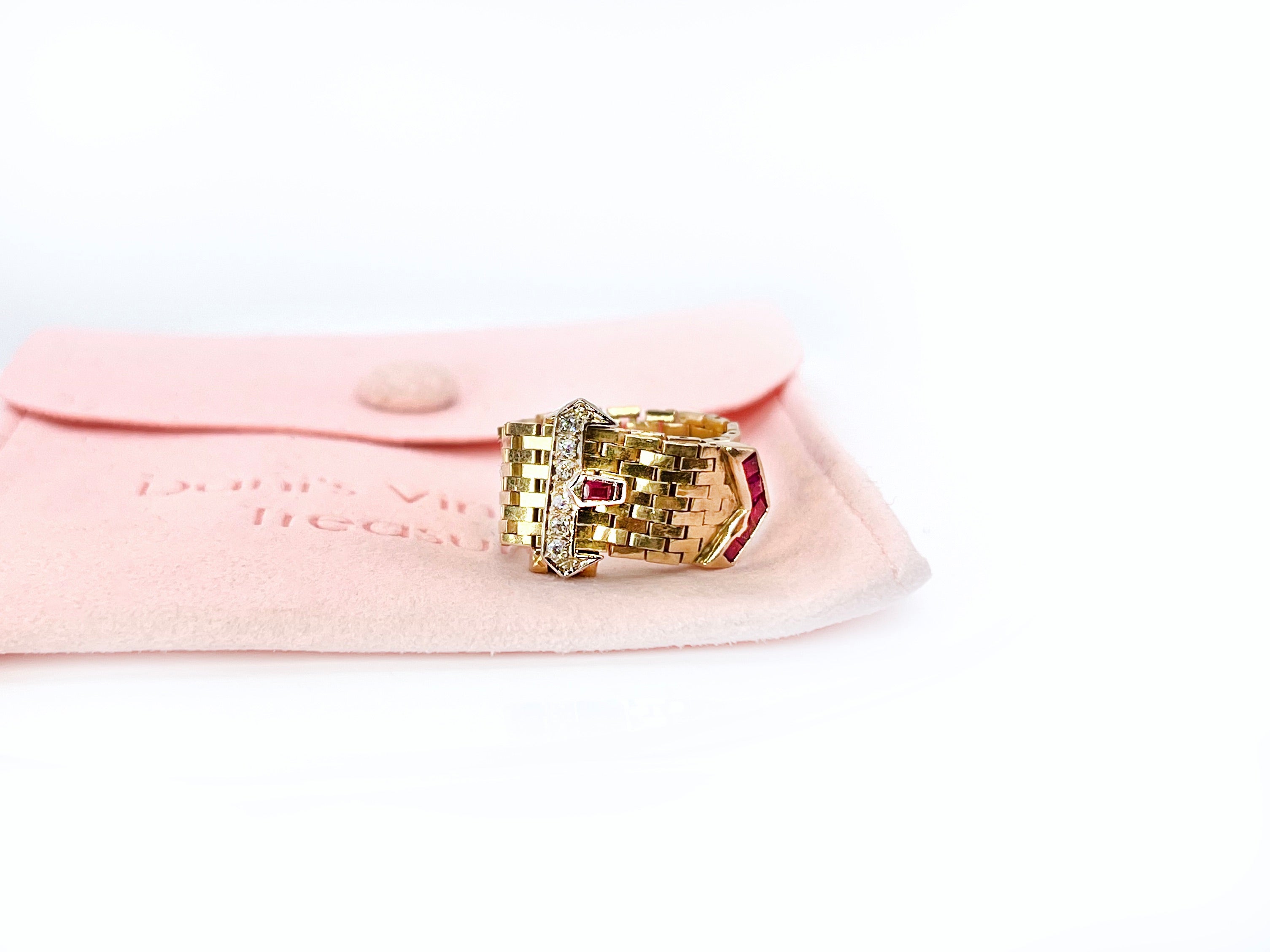 Retro Adjustable Buckle Ring, Diamonds, Rubies, Size 3 to 8.5, 14K