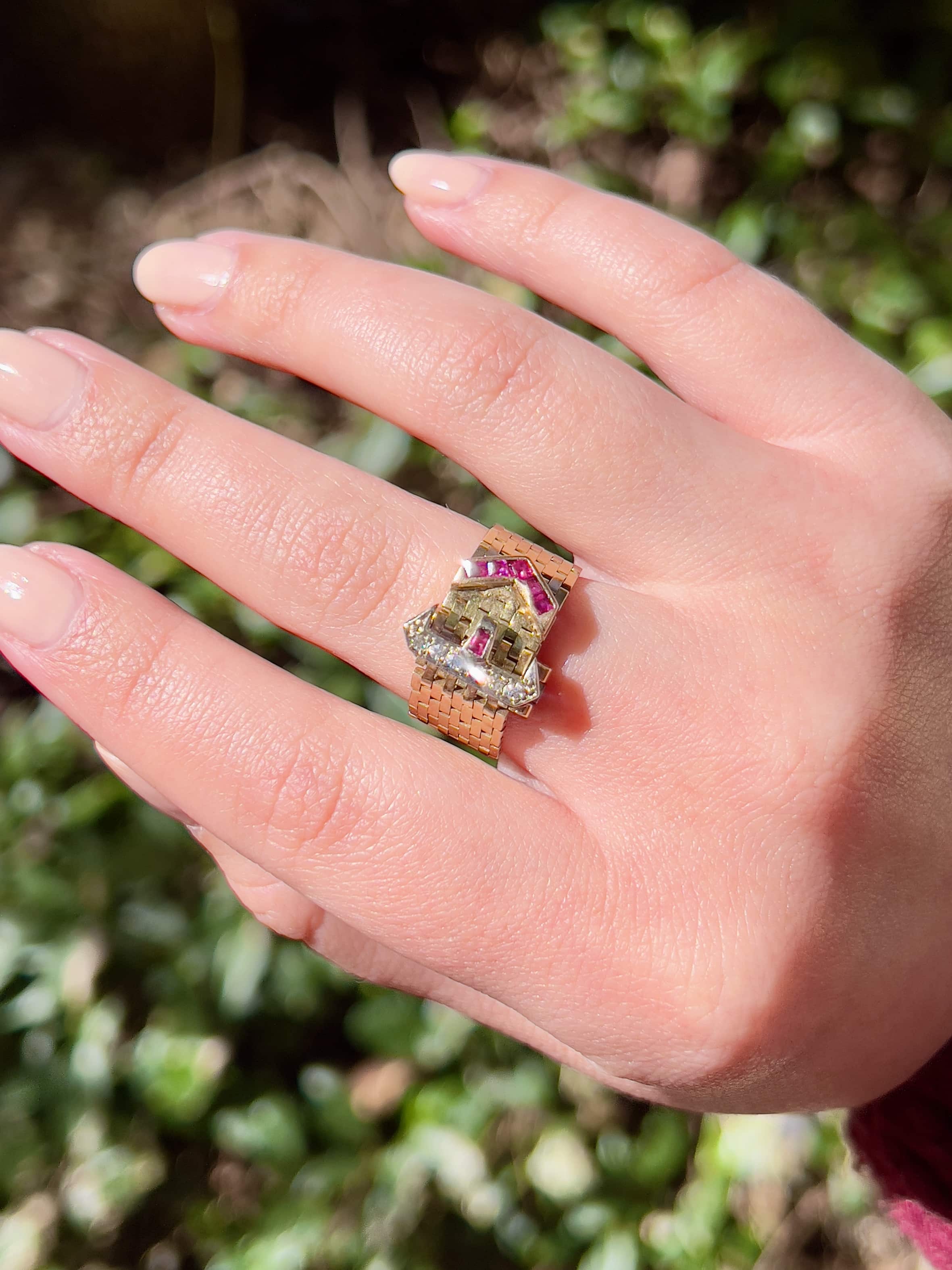 Retro Adjustable Buckle Ring, Diamonds, Rubies, Size 3 to 8.5, 14K