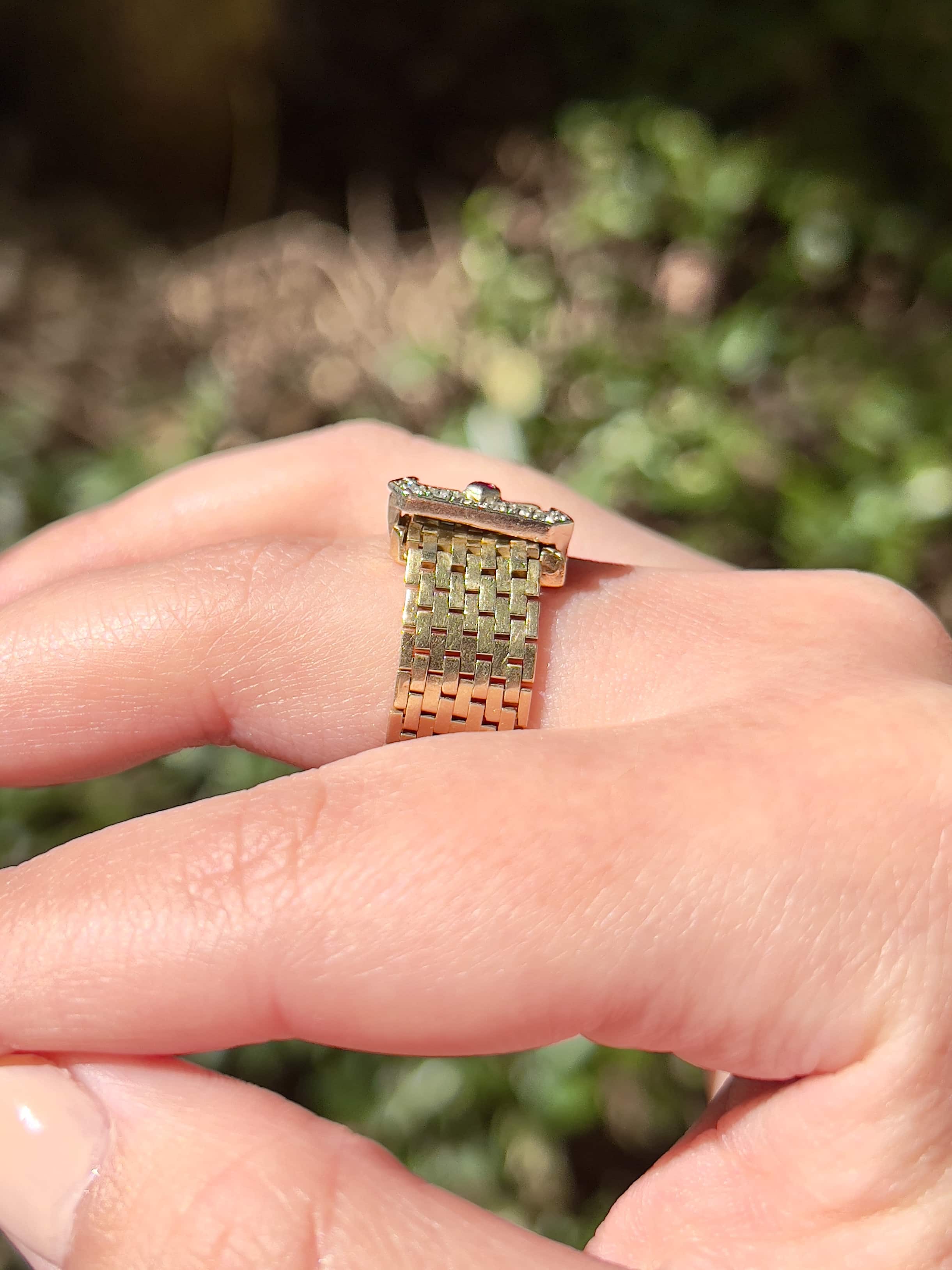 Retro Adjustable Buckle Ring, Diamonds, Rubies, Size 3 to 8.5, 14K