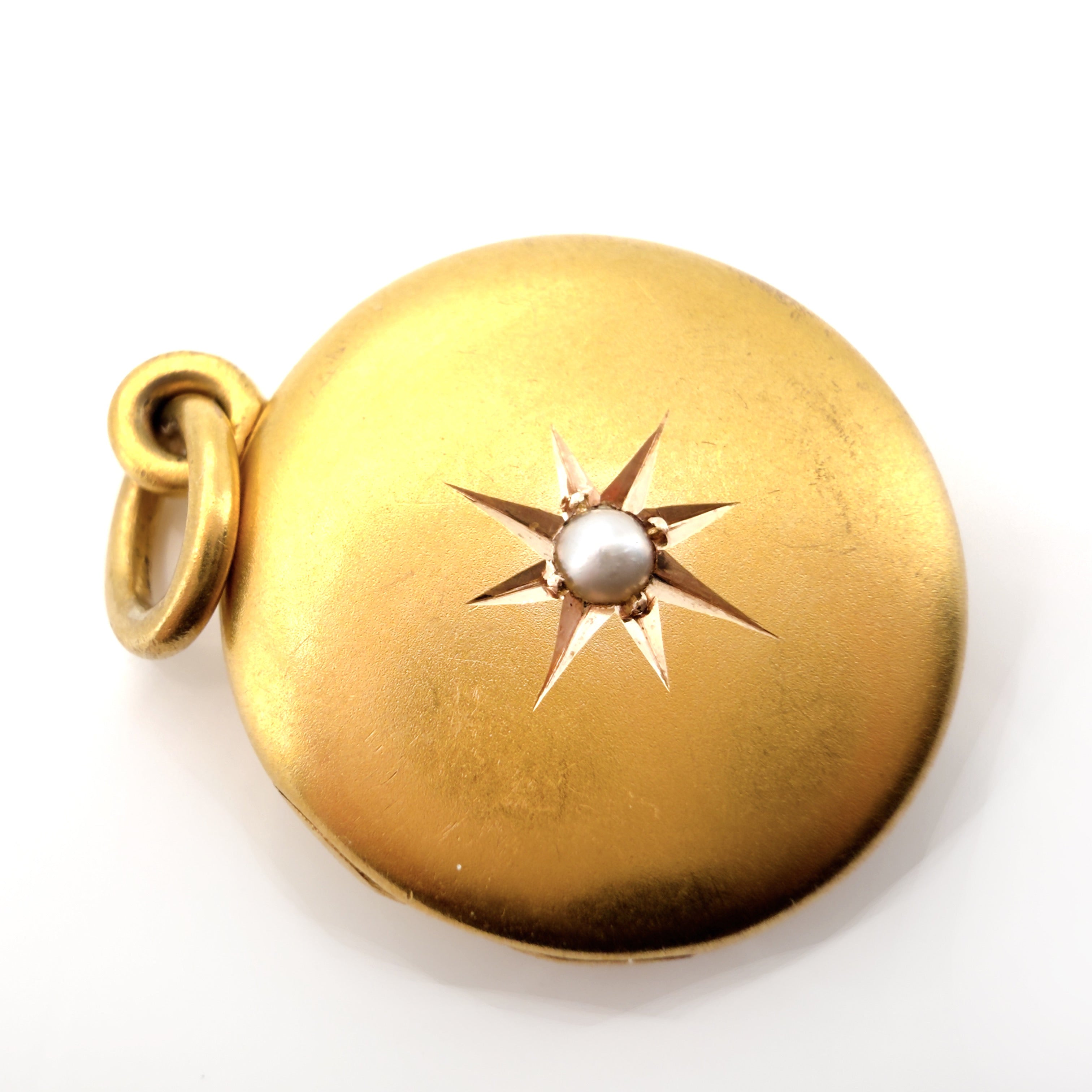 Edwardian Shreve & Co. Celestial Bloomed Gold Pearl Locket, Elizabeth 1902