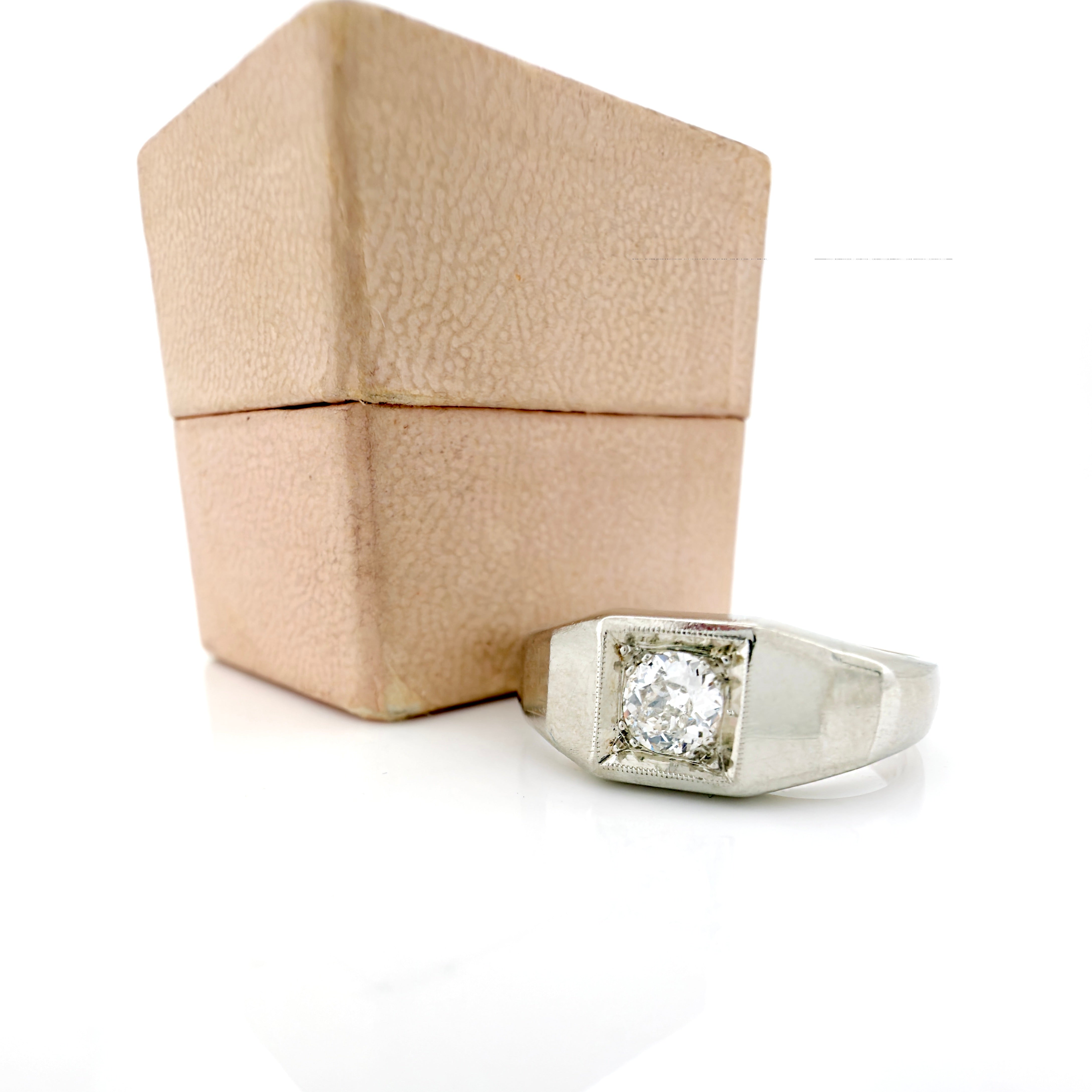 Art Deco 14K White Gold Old European Cut Diamond Ring, Size 7.75