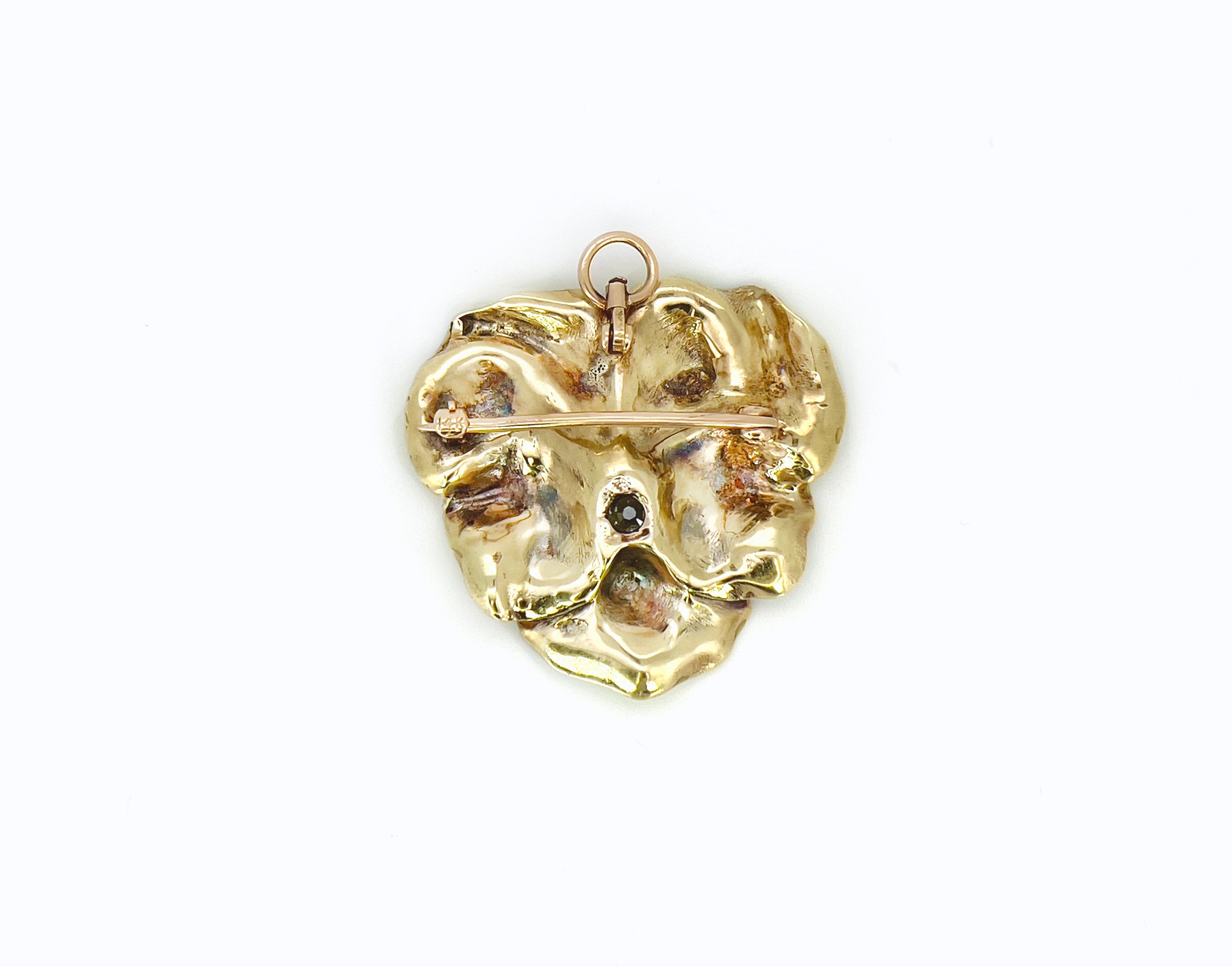 Victorian Lime Green Pansy Brooch, Pendant, Antique, 14K