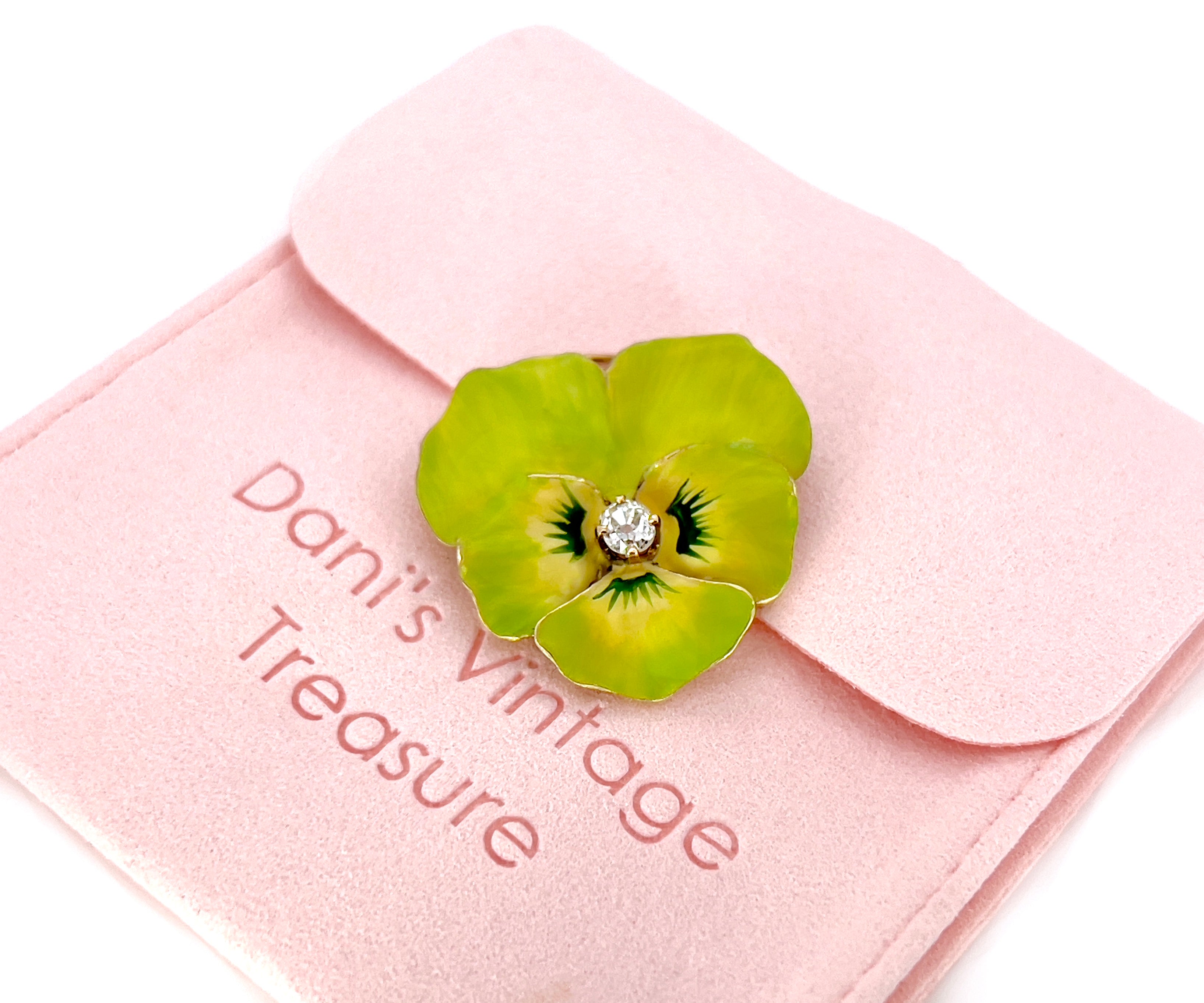 Victorian Lime Green Pansy Brooch, Pendant, Antique, 14K
