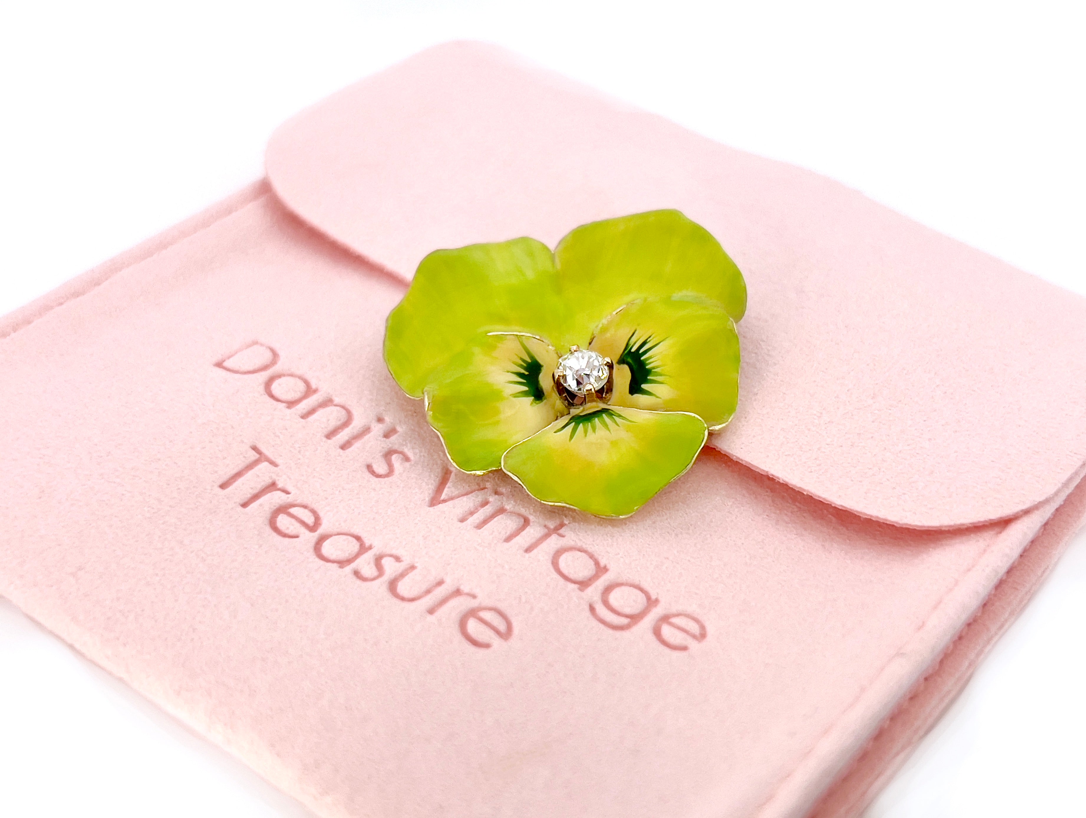Victorian Lime Green Pansy Brooch, Pendant, Antique, 14K