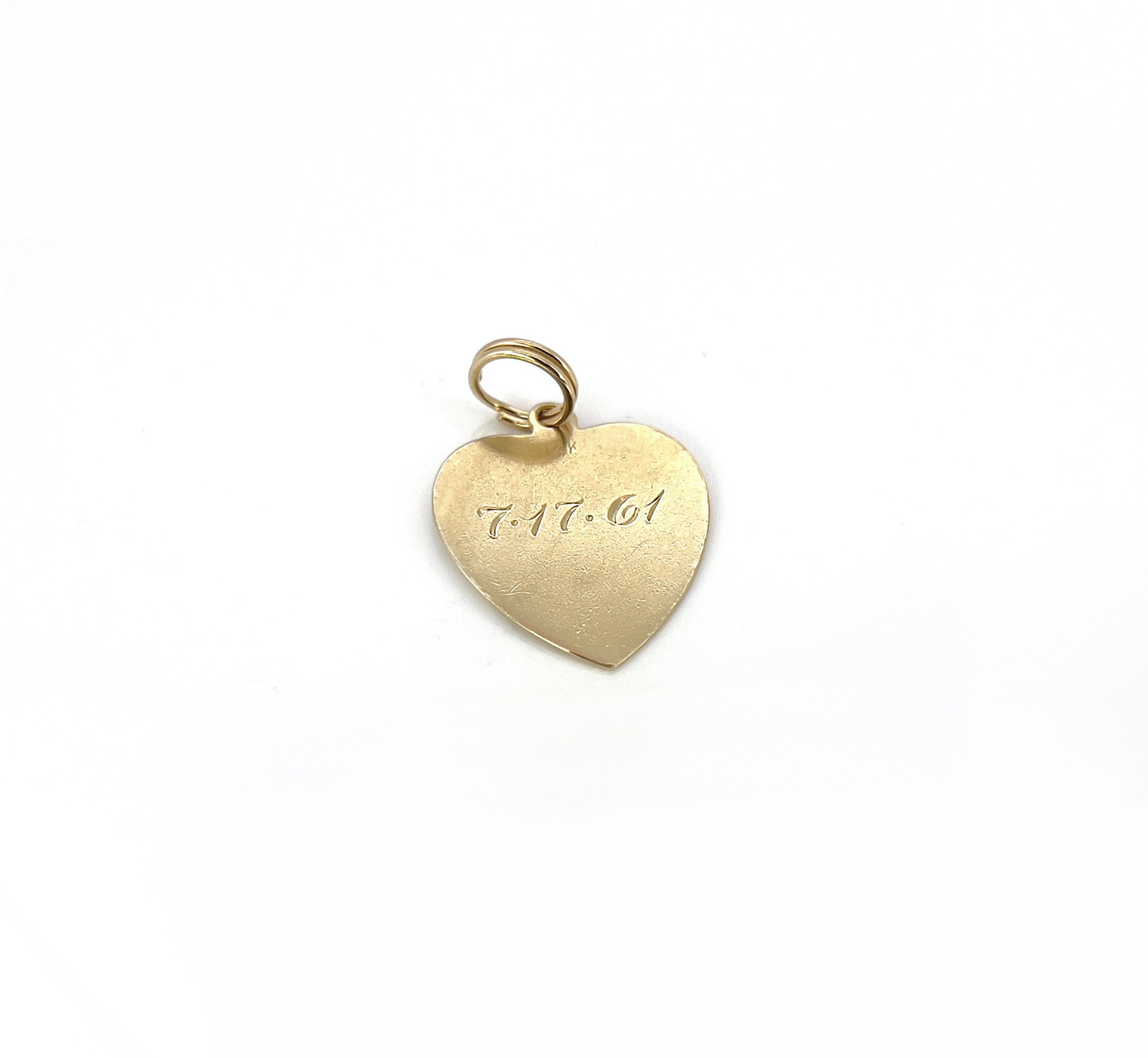 Vintage Gold Heart Charm, Pendant, Susan Marie, 7-17-61, 14K