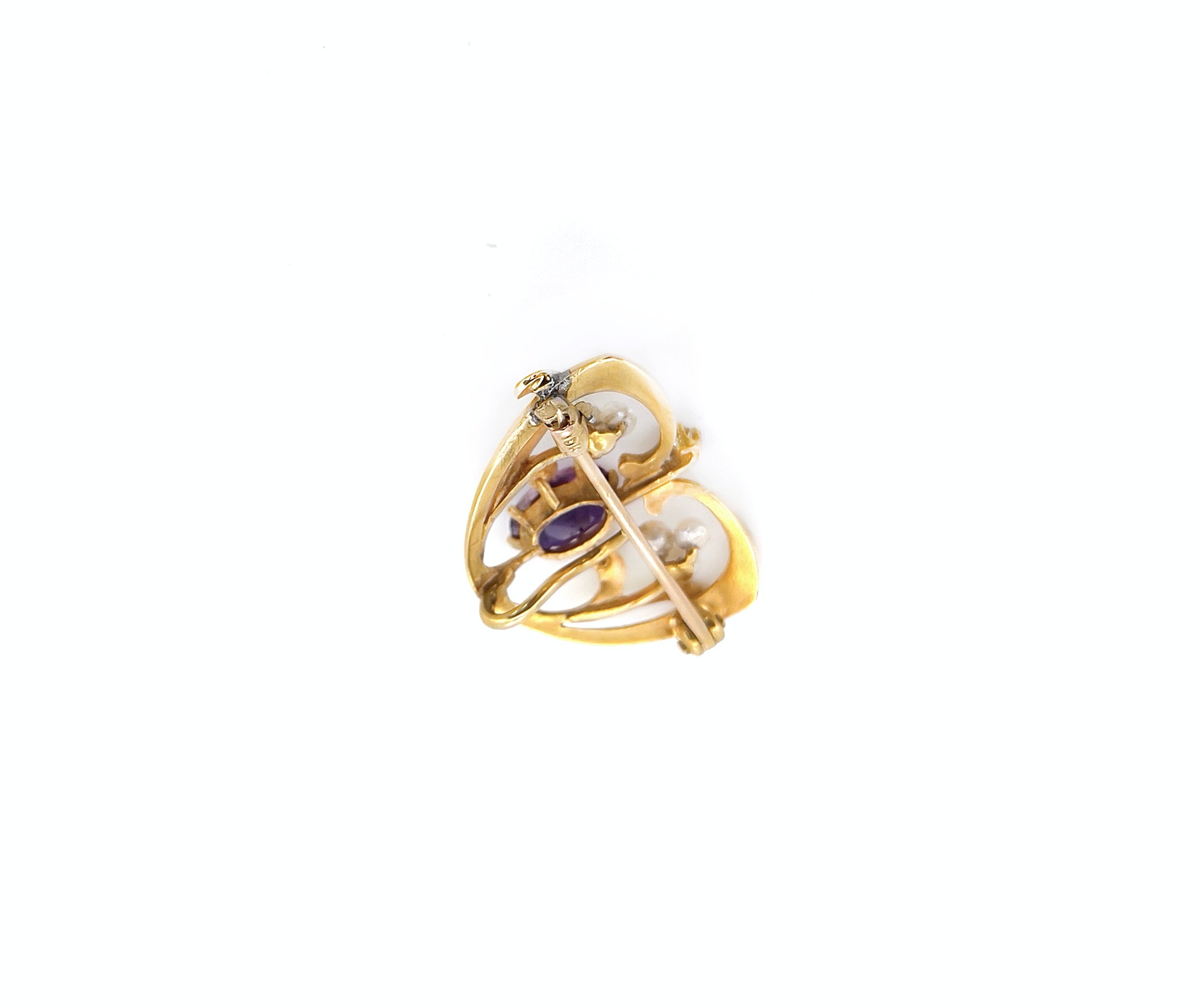 Art Nouveau Amethyst, Pearl & Enamel Brooch, Watch Pin, 14K