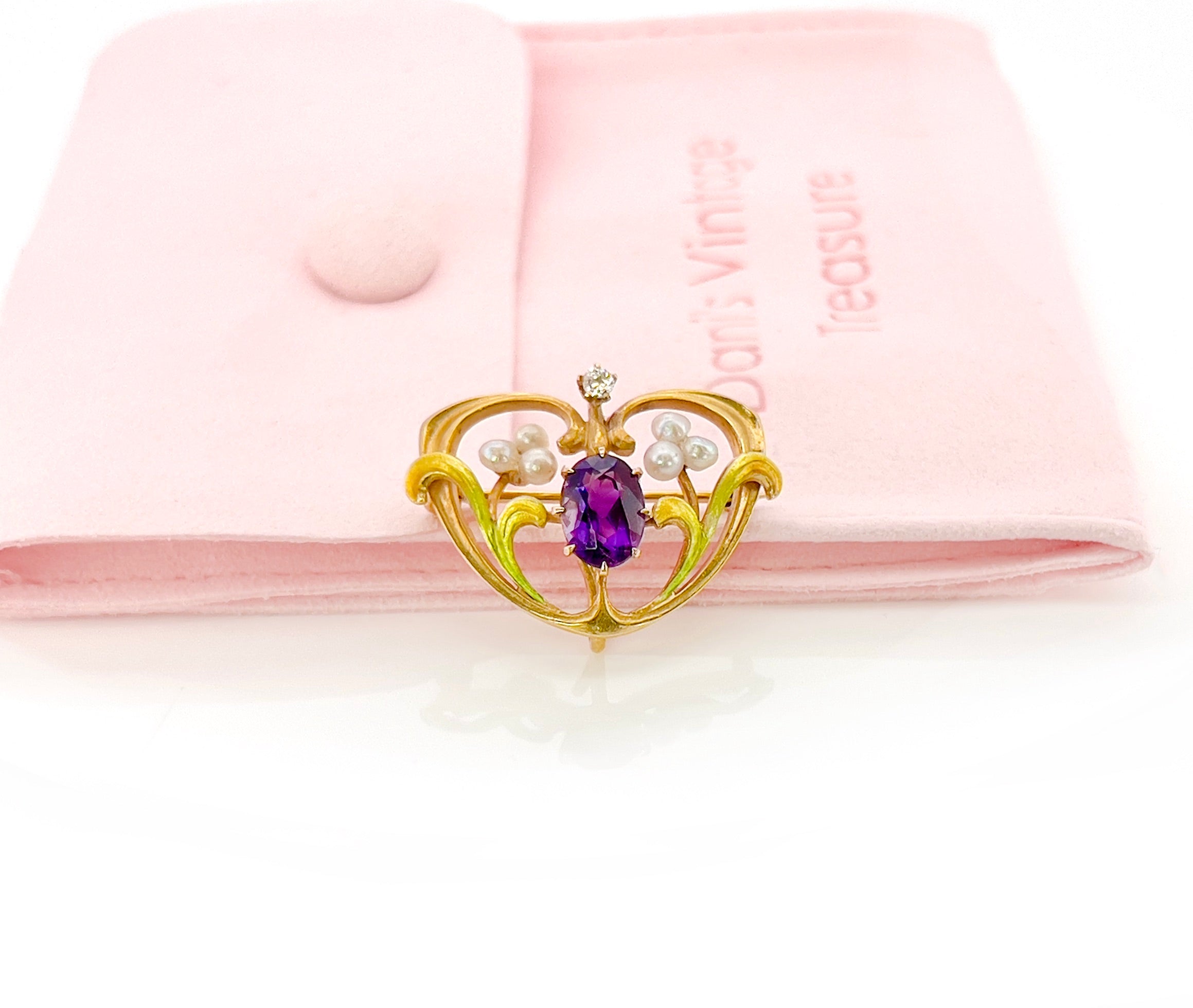 Art Nouveau Amethyst, Pearl & Enamel Brooch, Watch Pin, 14K