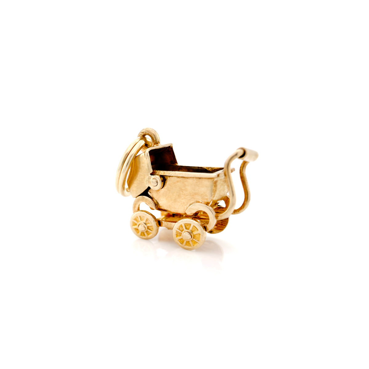 A gold baby stroller charm with detailed wheels and a key ring, shown on a clean white background.