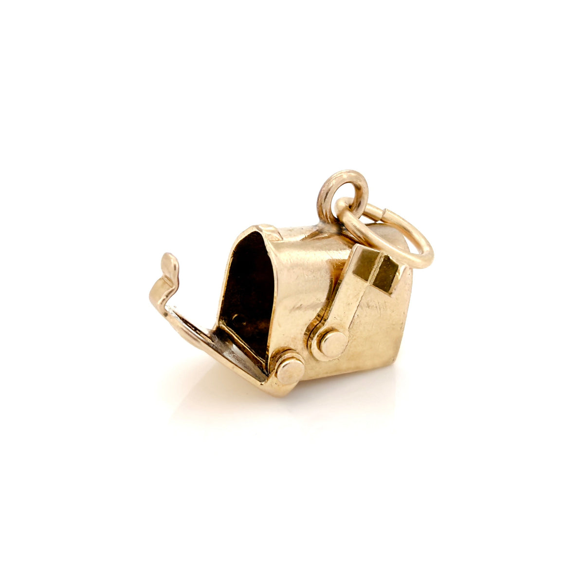 A gold mailbox charm with an open front and a hanging loop at the top, photographed on a white background.