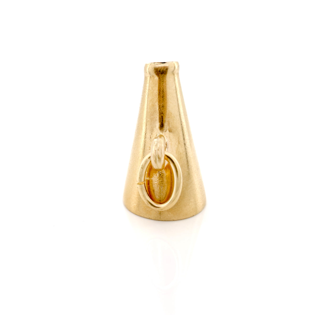 A gold megaphone charm, featuring a small loop near the base, shown on a plain white background.