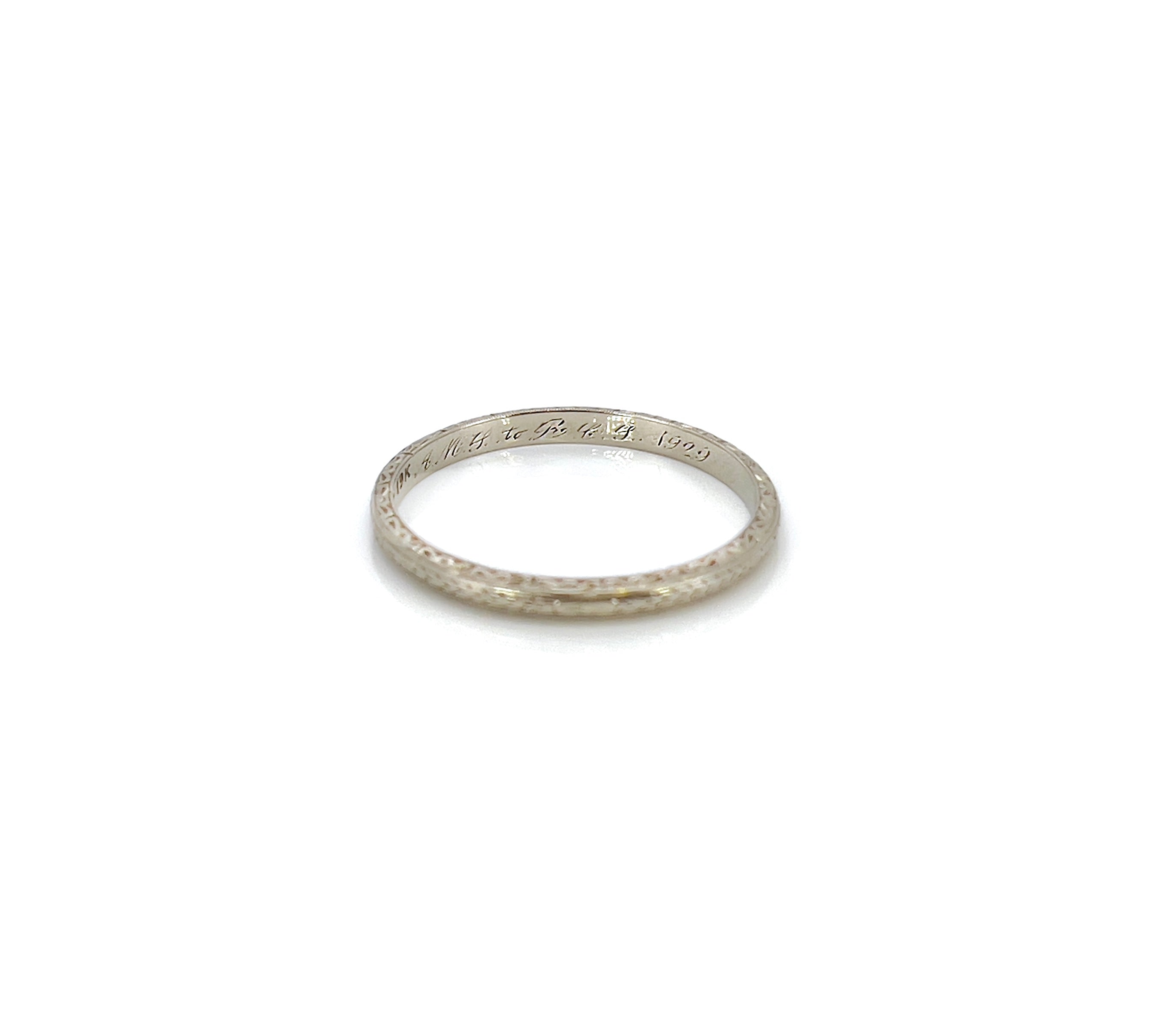 Art Deco Wedding Band, A.M.L. to R.G.P 1929, Size 9.75, 19K