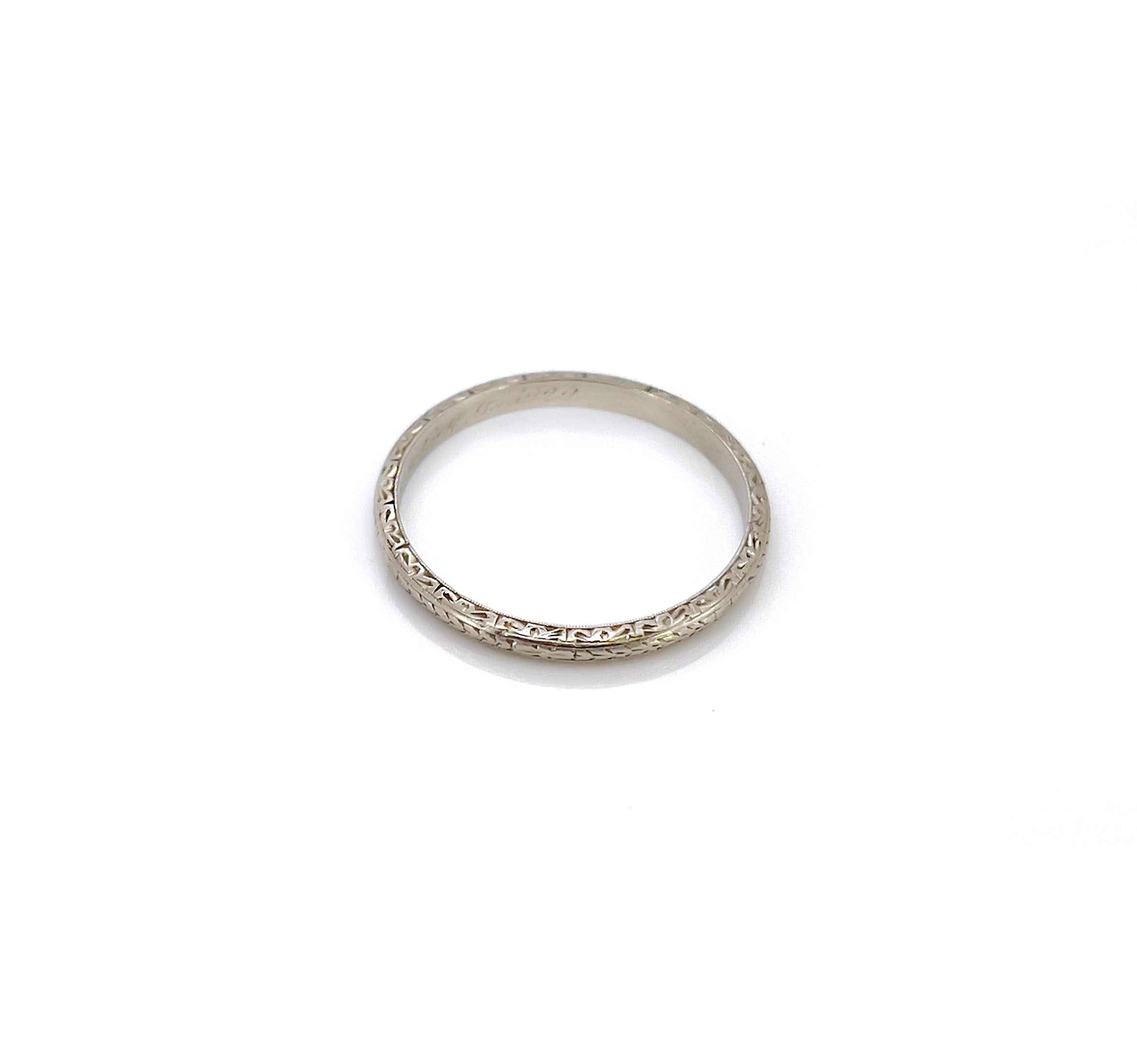 Art Deco Wedding Band, A.M.L. to R.G.P 1929, Size 9.75, 19K