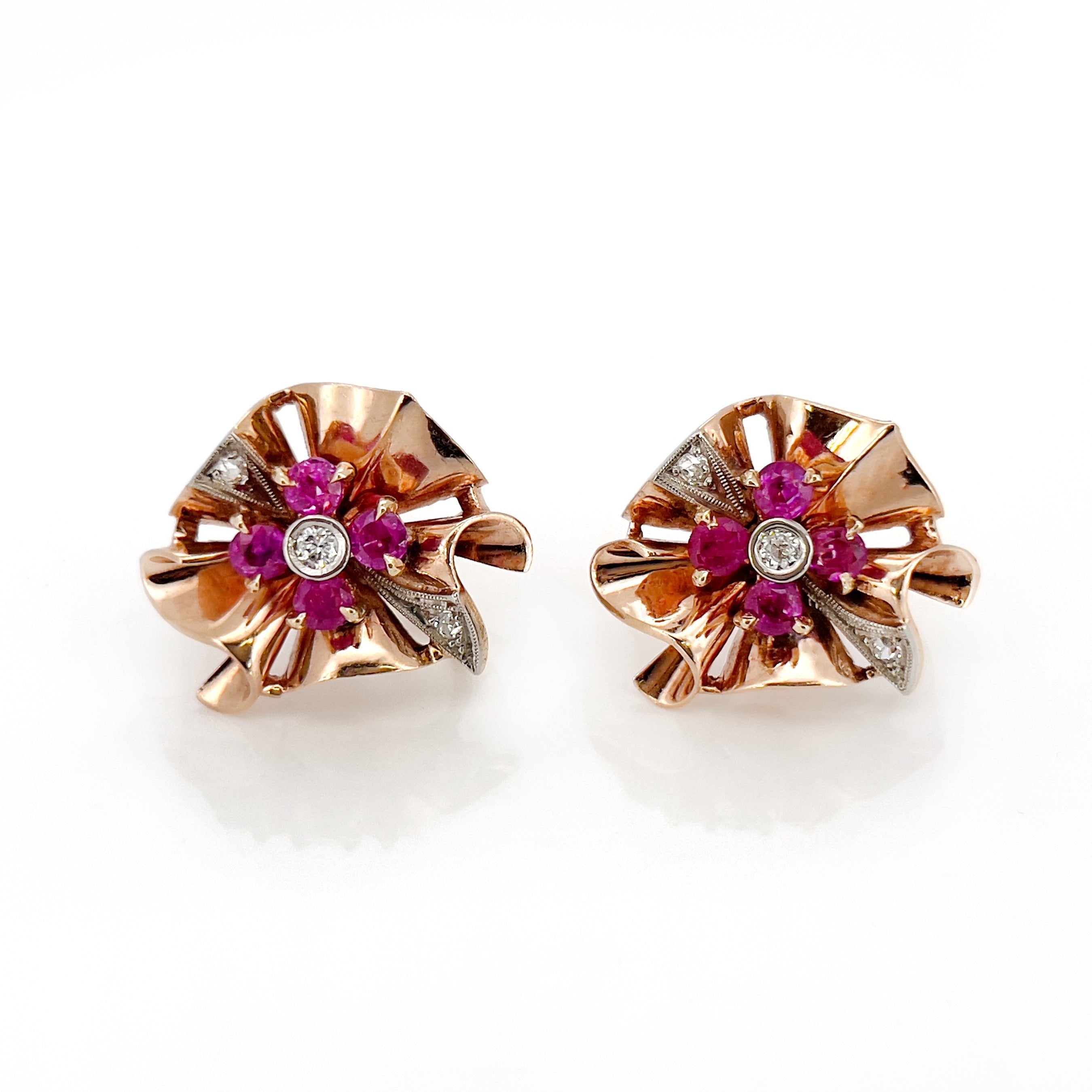 Retro Old European Cut Diamond and Ruby Screw Back Earrings