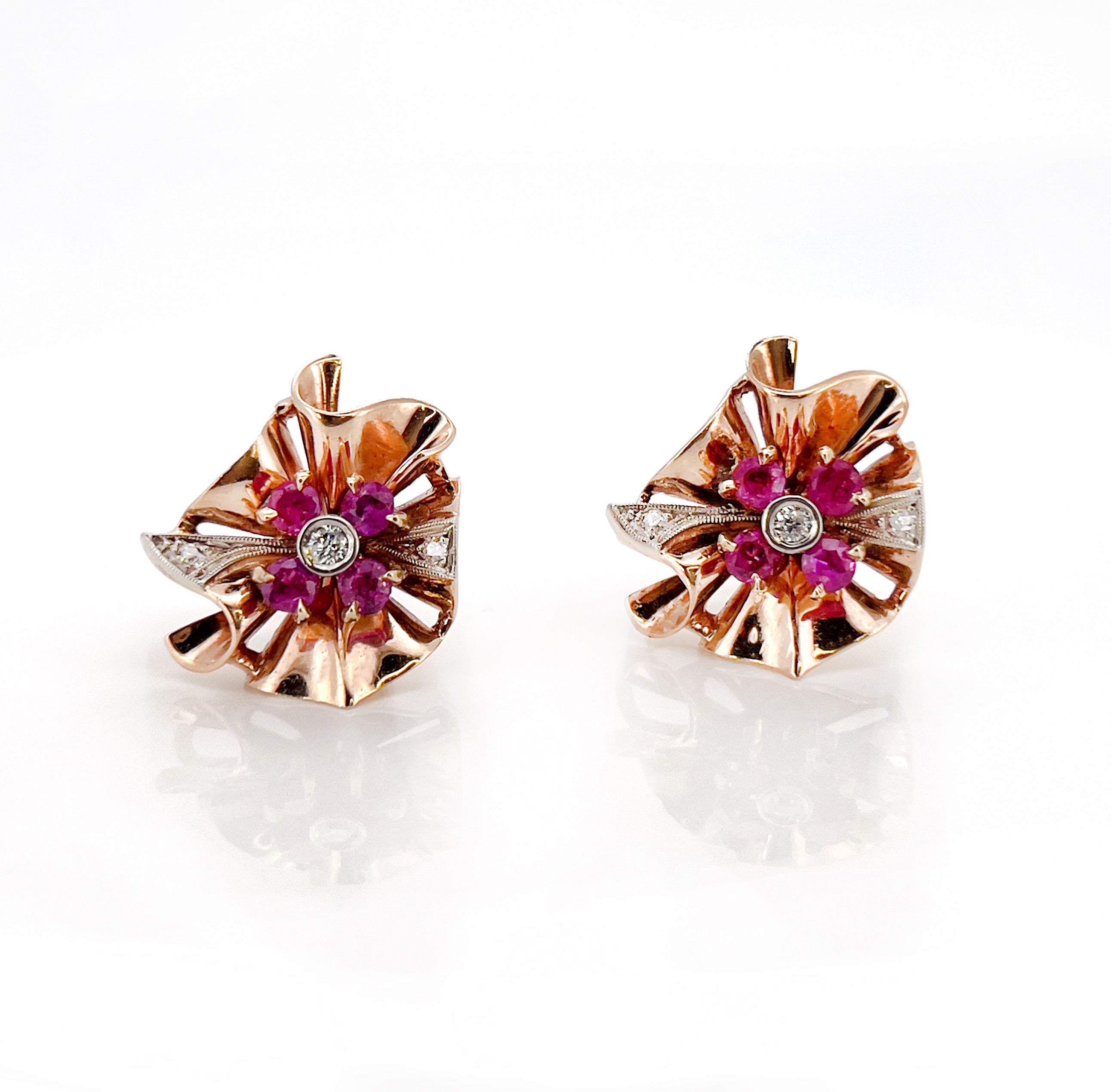 Retro Old European Cut Diamond and Ruby Screw Back Earrings