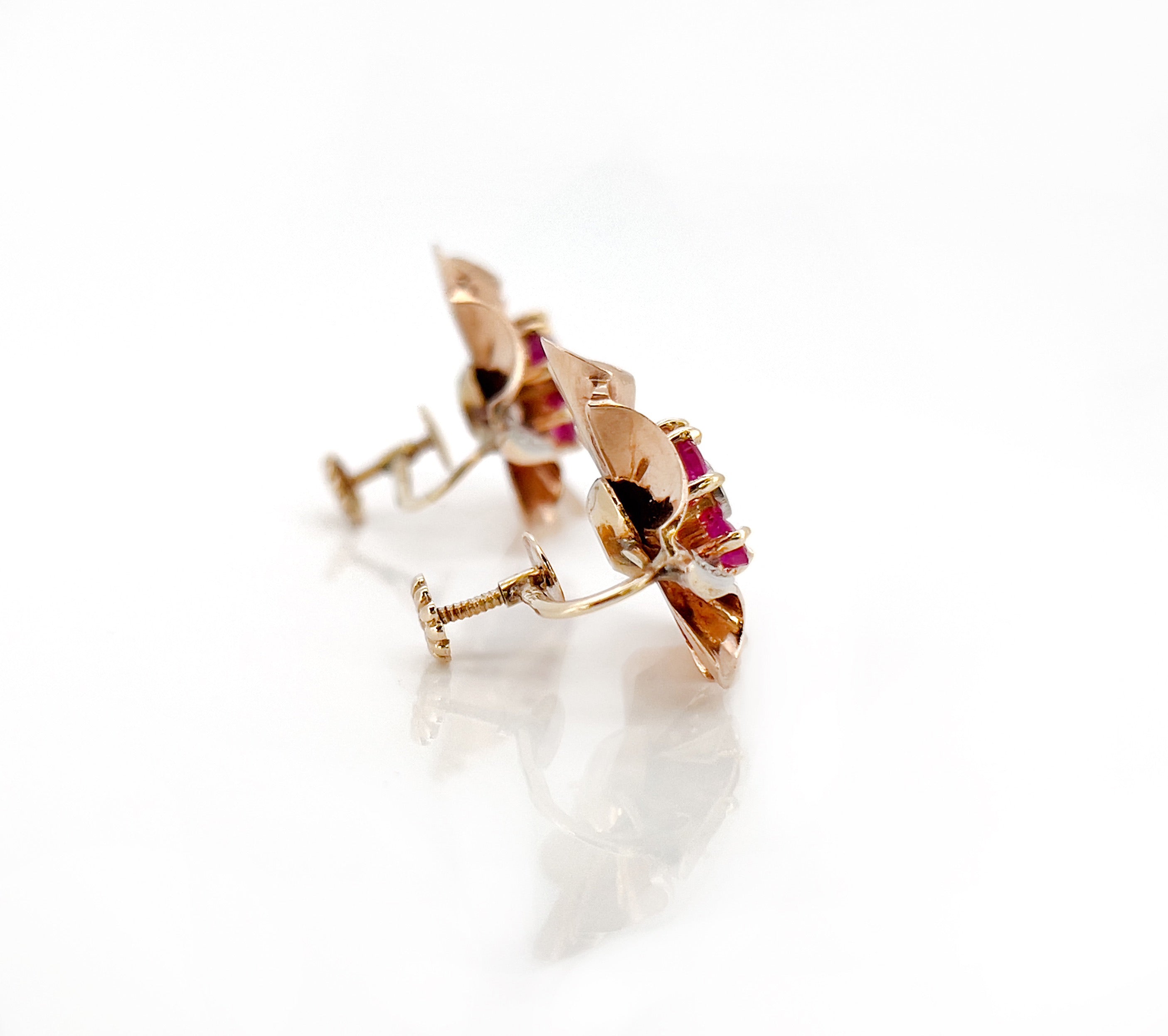 Retro Old European Cut Diamond and Ruby Screw Back Earrings