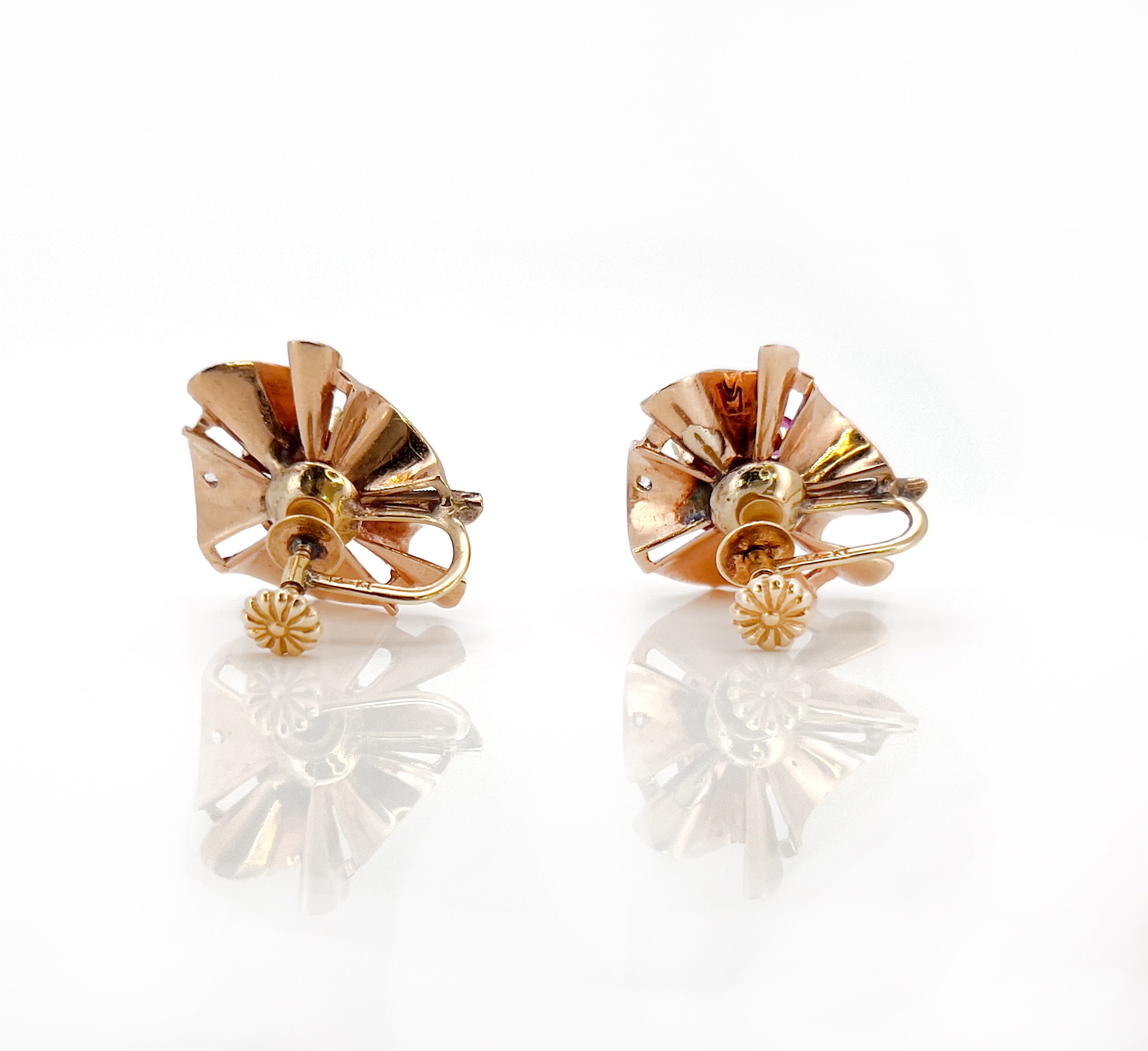 Retro Old European Cut Diamond and Ruby Screw Back Earrings