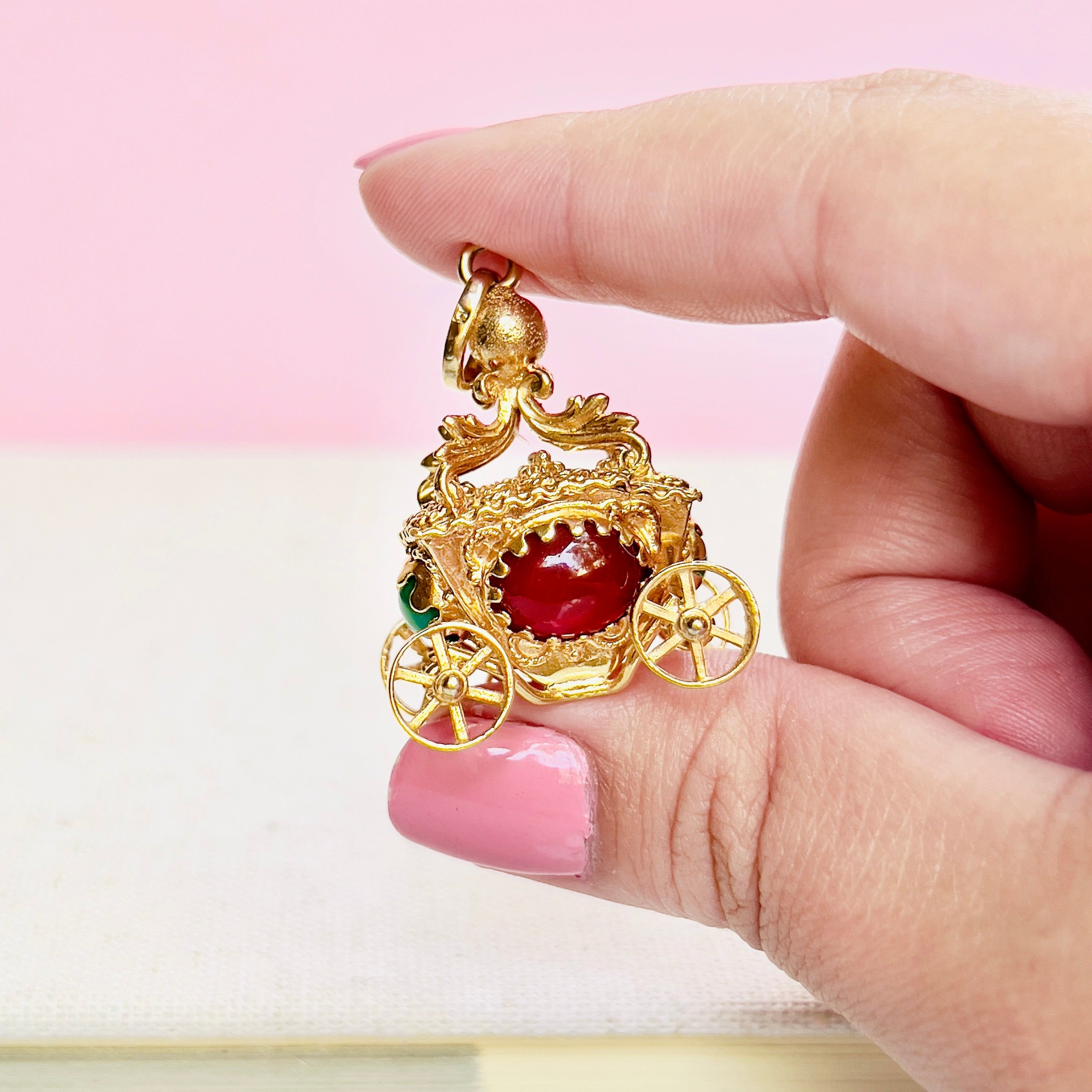 Vintage Carnelian Cinderella Carriage Pendant, 18K
