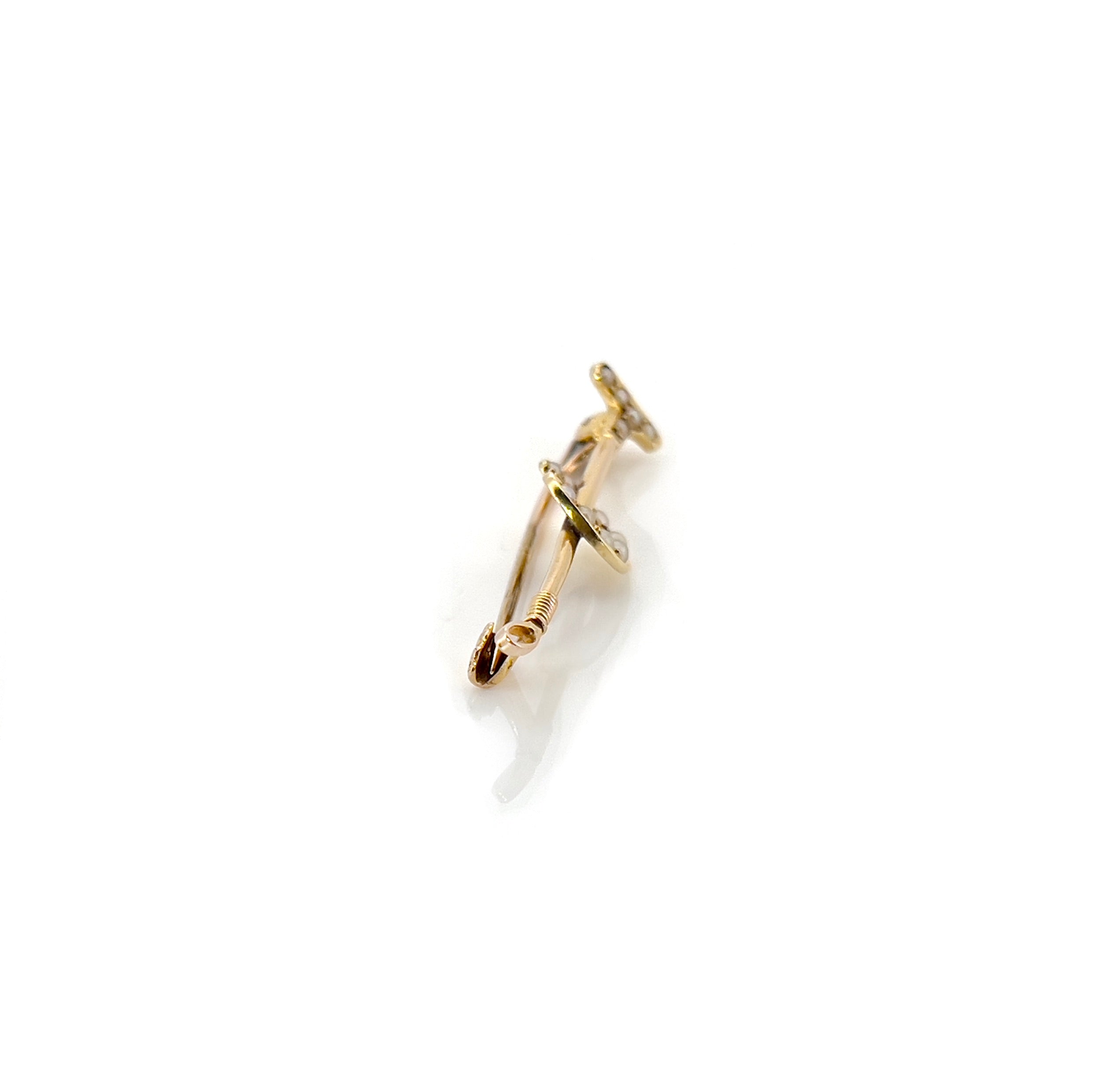 Victorian Polo Mallet and Horseshoe Pearl Brooch, Antique, 15K