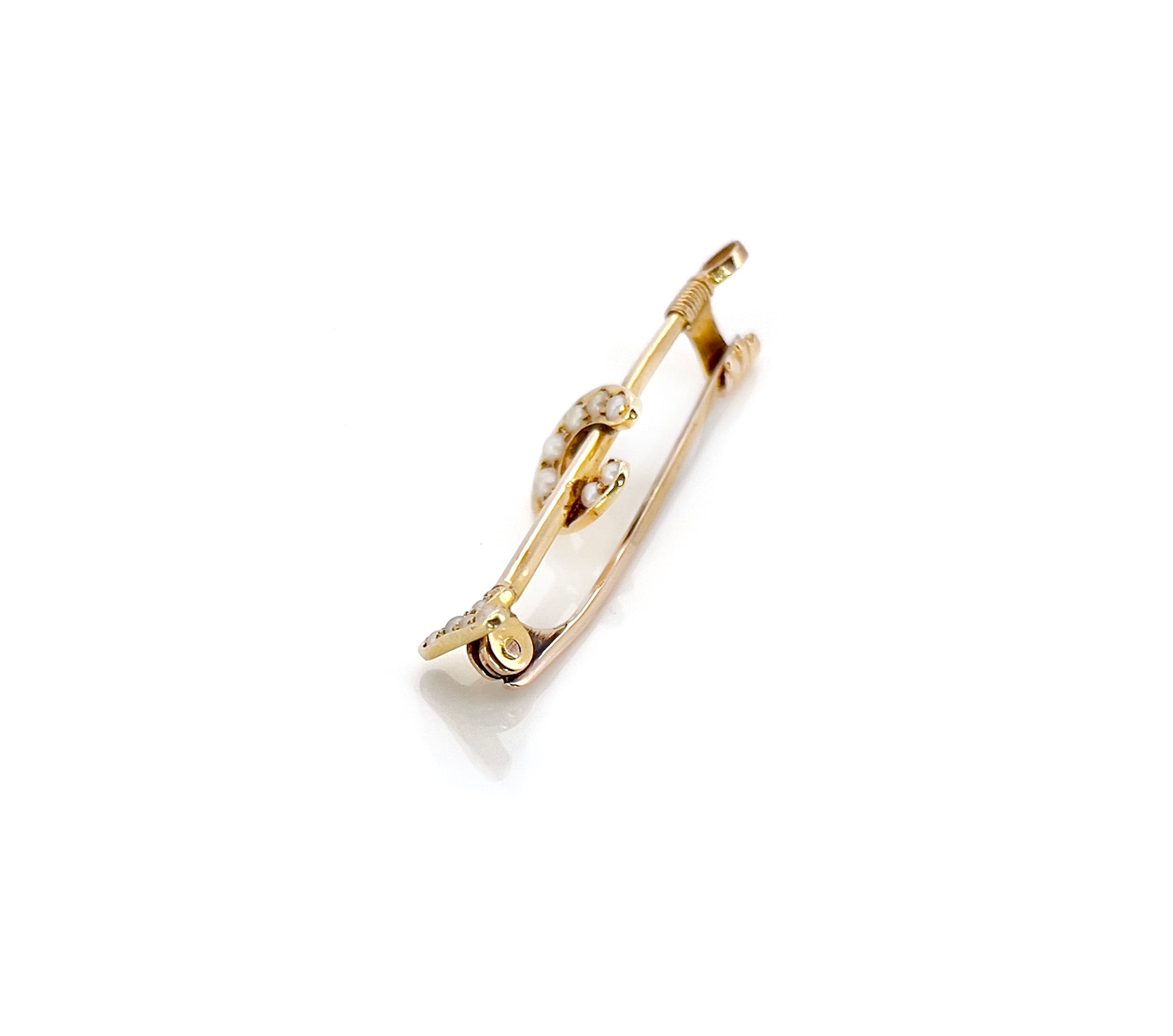 Victorian Polo Mallet and Horseshoe Pearl Brooch, Antique, 15K