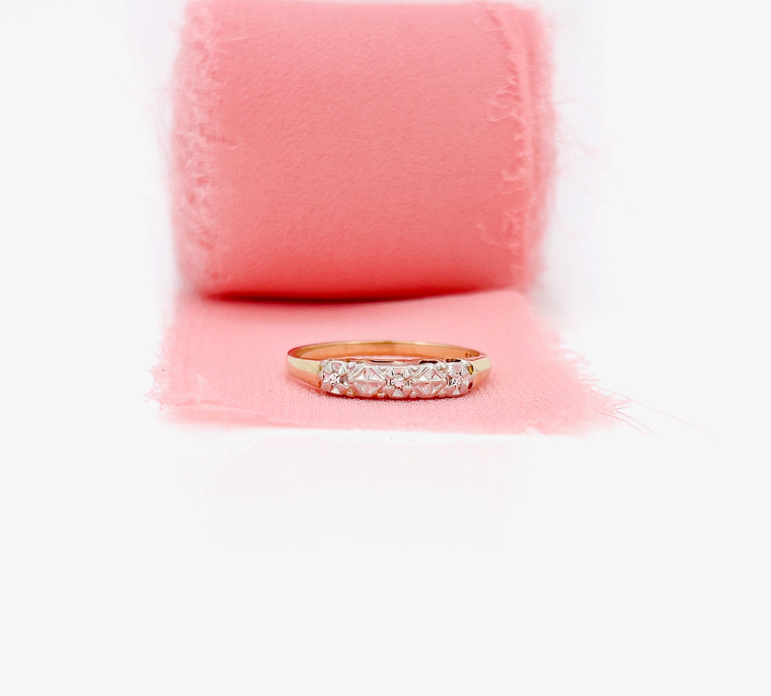 Two Tone Criss Cross Single Cut Diamond Wedding Ring, Size 7.5