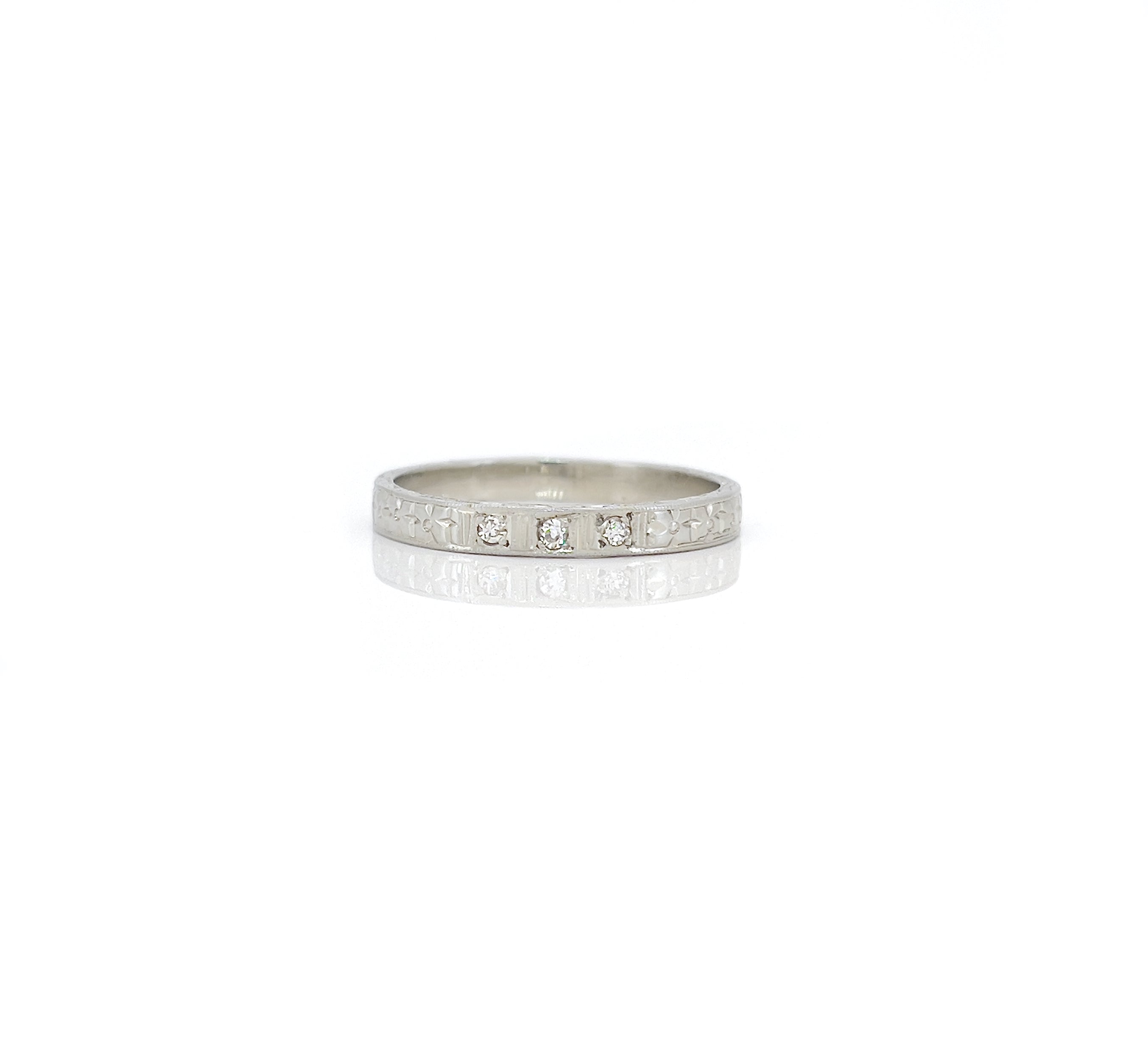 Vintage Single Cut Diamond Floral Wedding Band, Size 7.25
