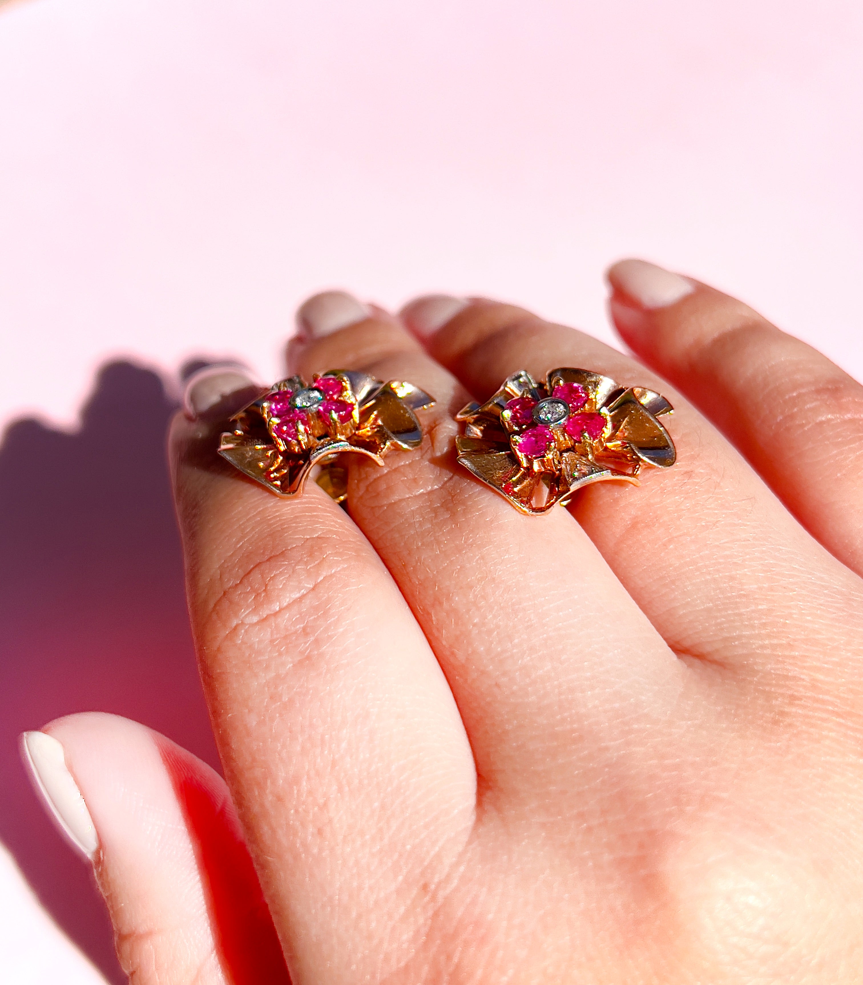 Retro Old European Cut Diamond and Ruby Screw Back Earrings