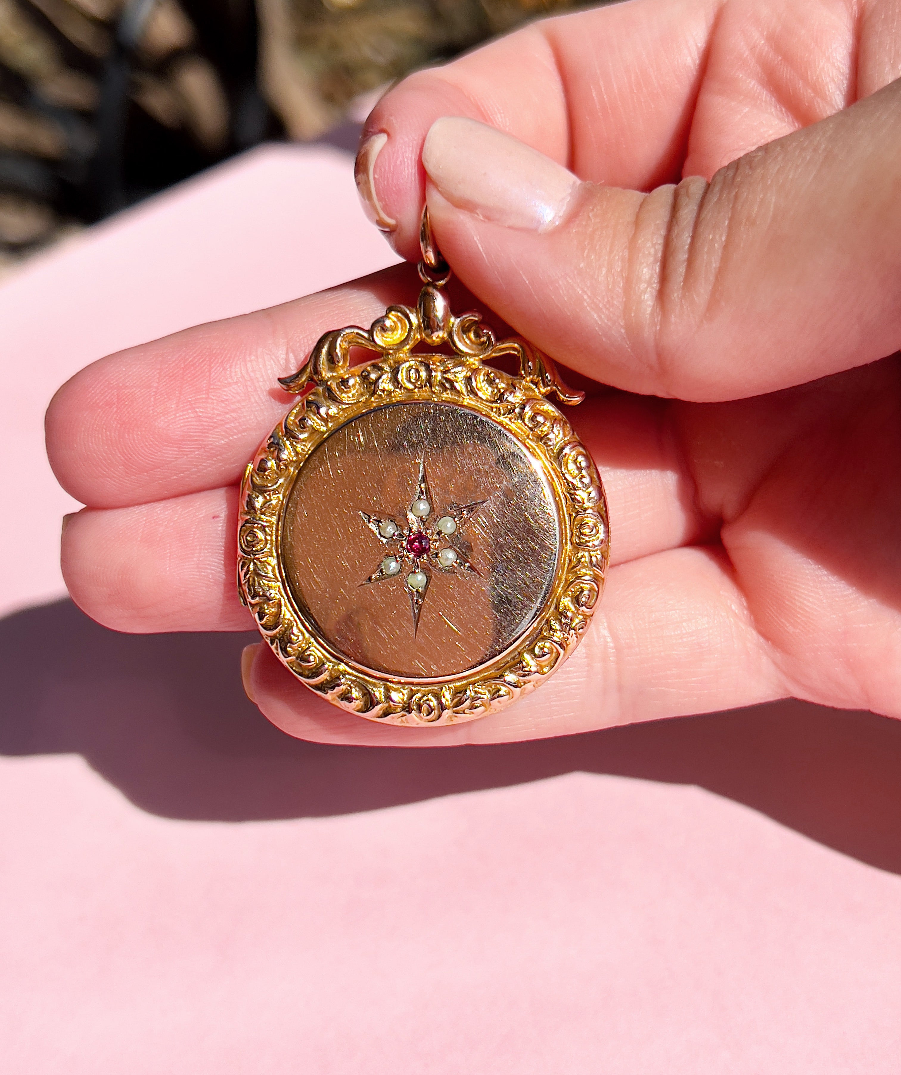 Antique Pearl & Garnet Star Celestial Locket, 9K