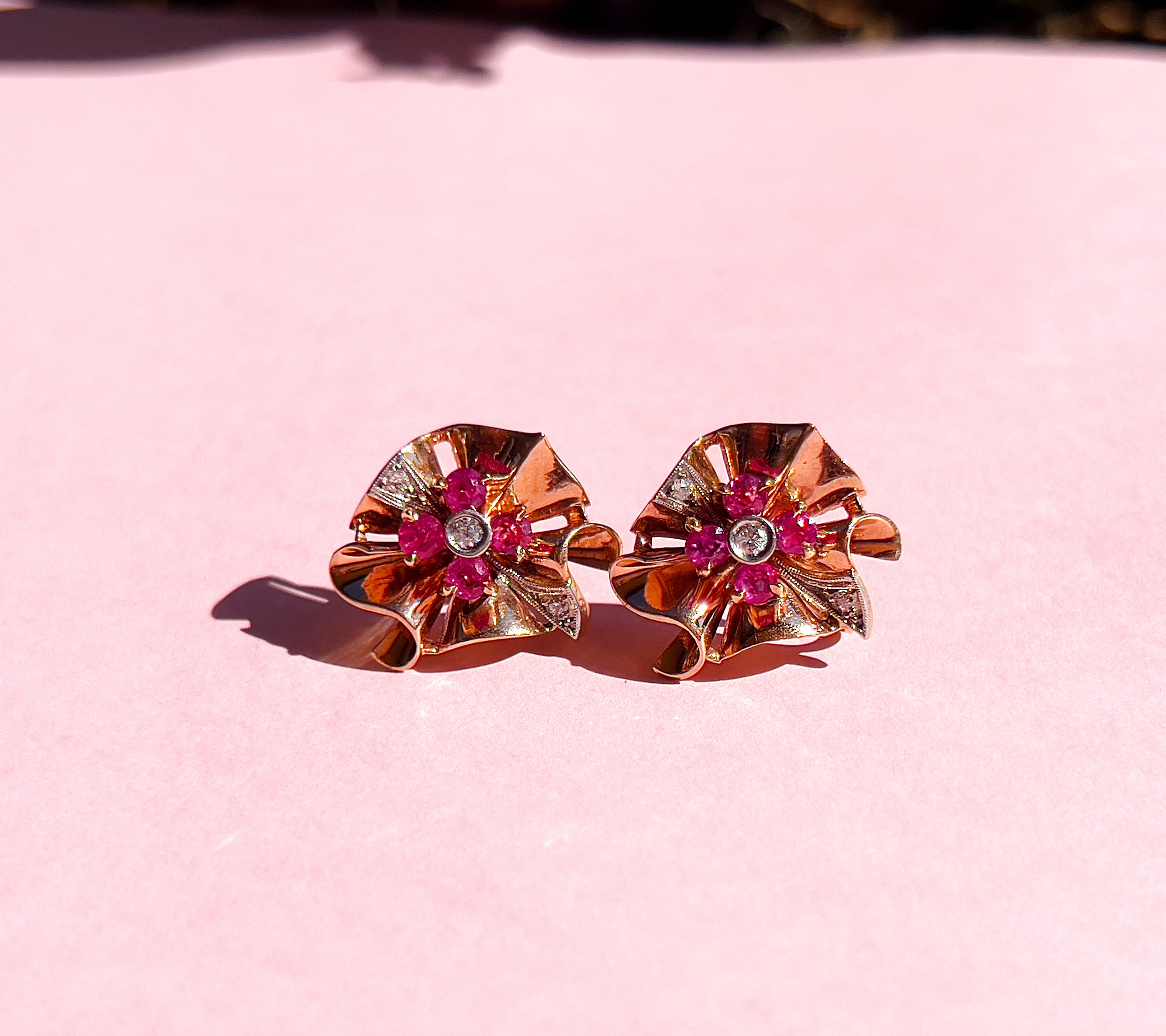 Retro Old European Cut Diamond and Ruby Screw Back Earrings