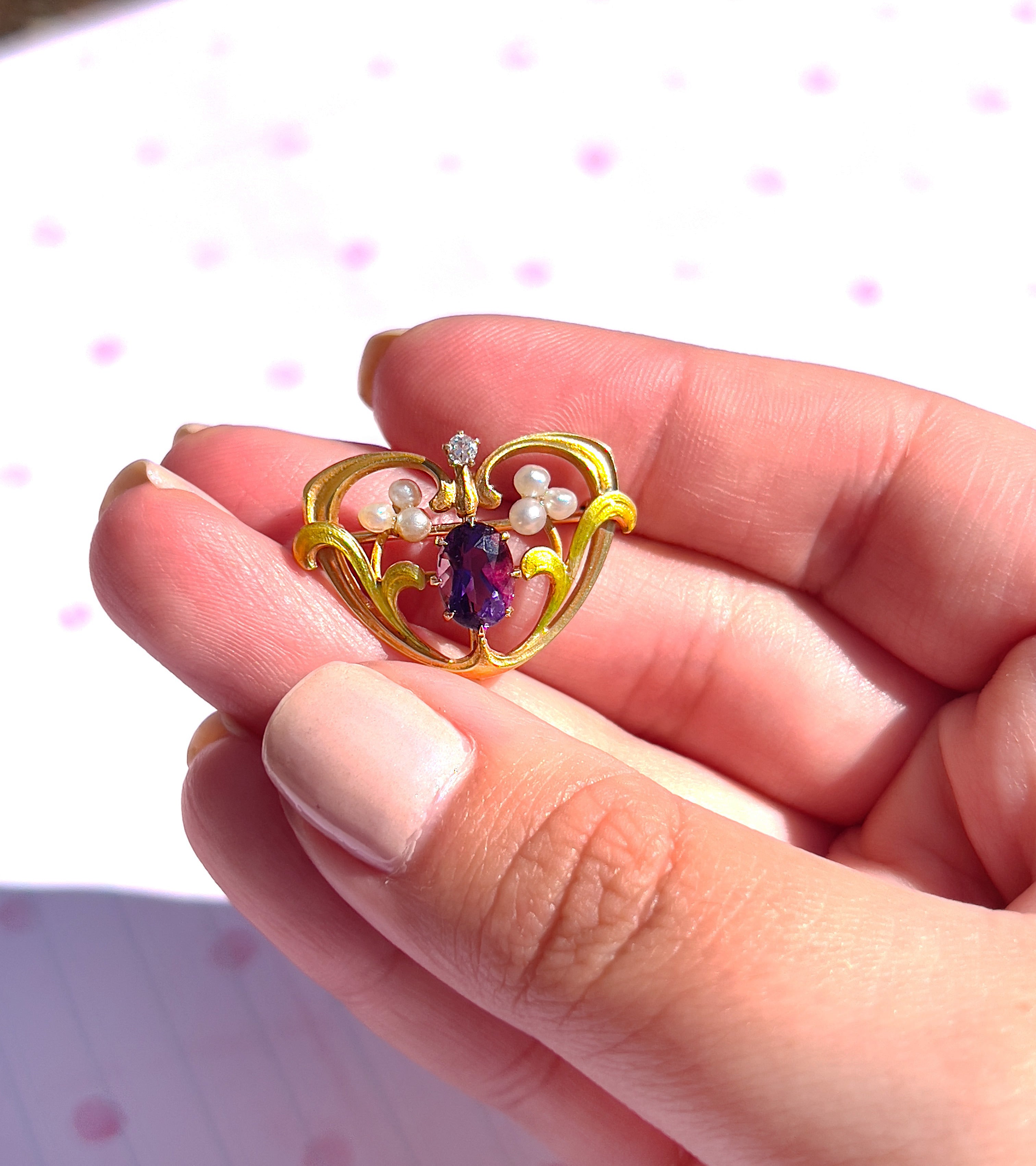 Art Nouveau Amethyst, Pearl & Enamel Brooch, Watch Pin, 14K