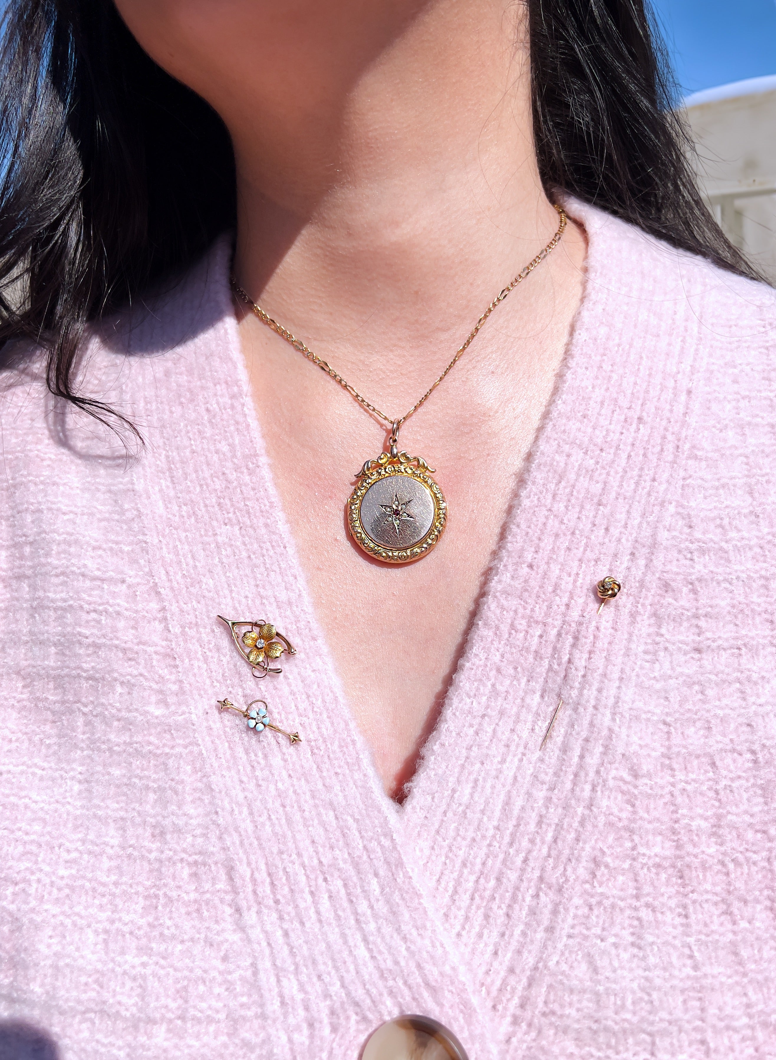 Antique Pearl & Garnet Star Celestial Locket, 9K