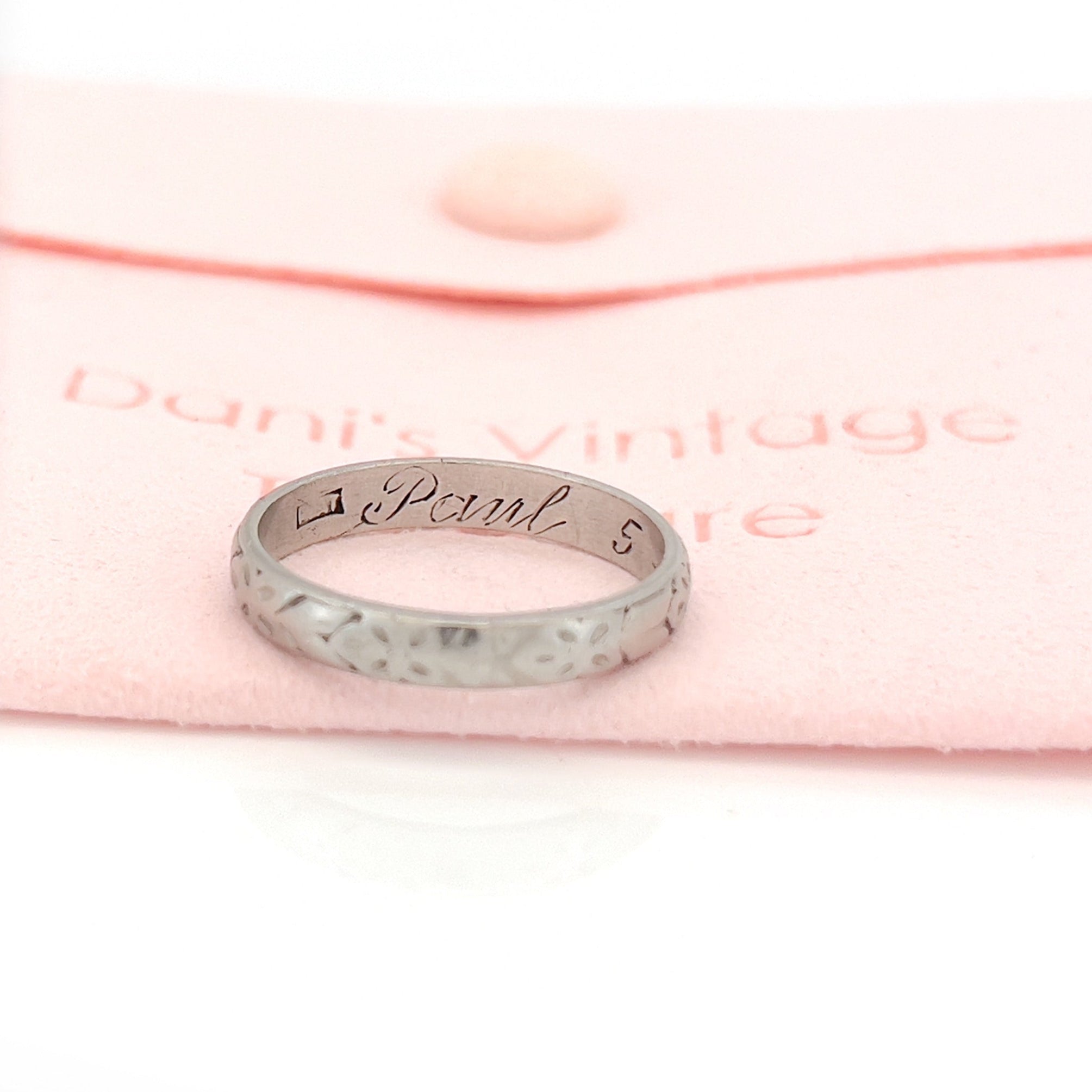 Mid Century Platinum Wedding Ring, Paul 5-3-1950, Size 6.75