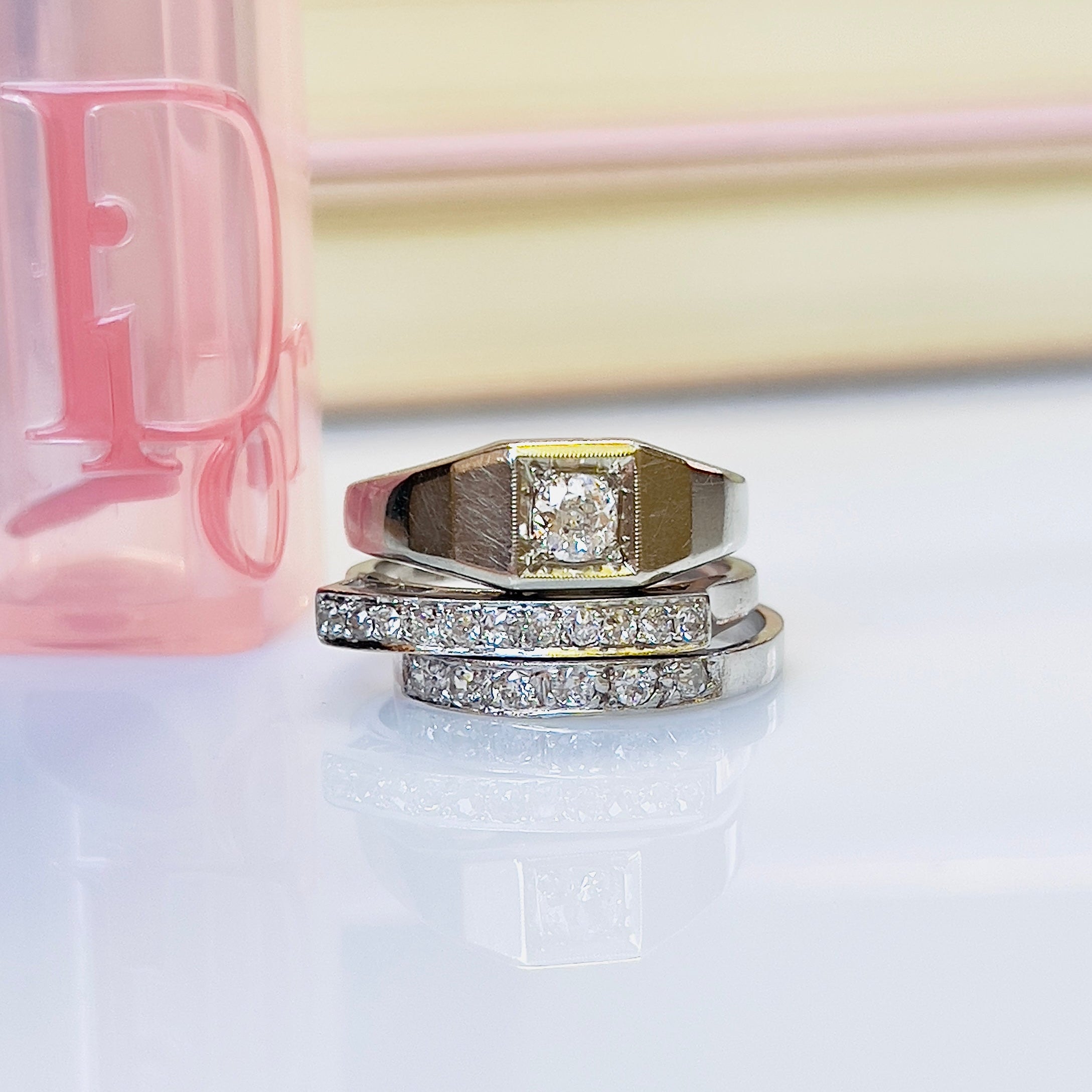 Art Deco 14K White Gold Old European Cut Diamond Ring, Size 7.75