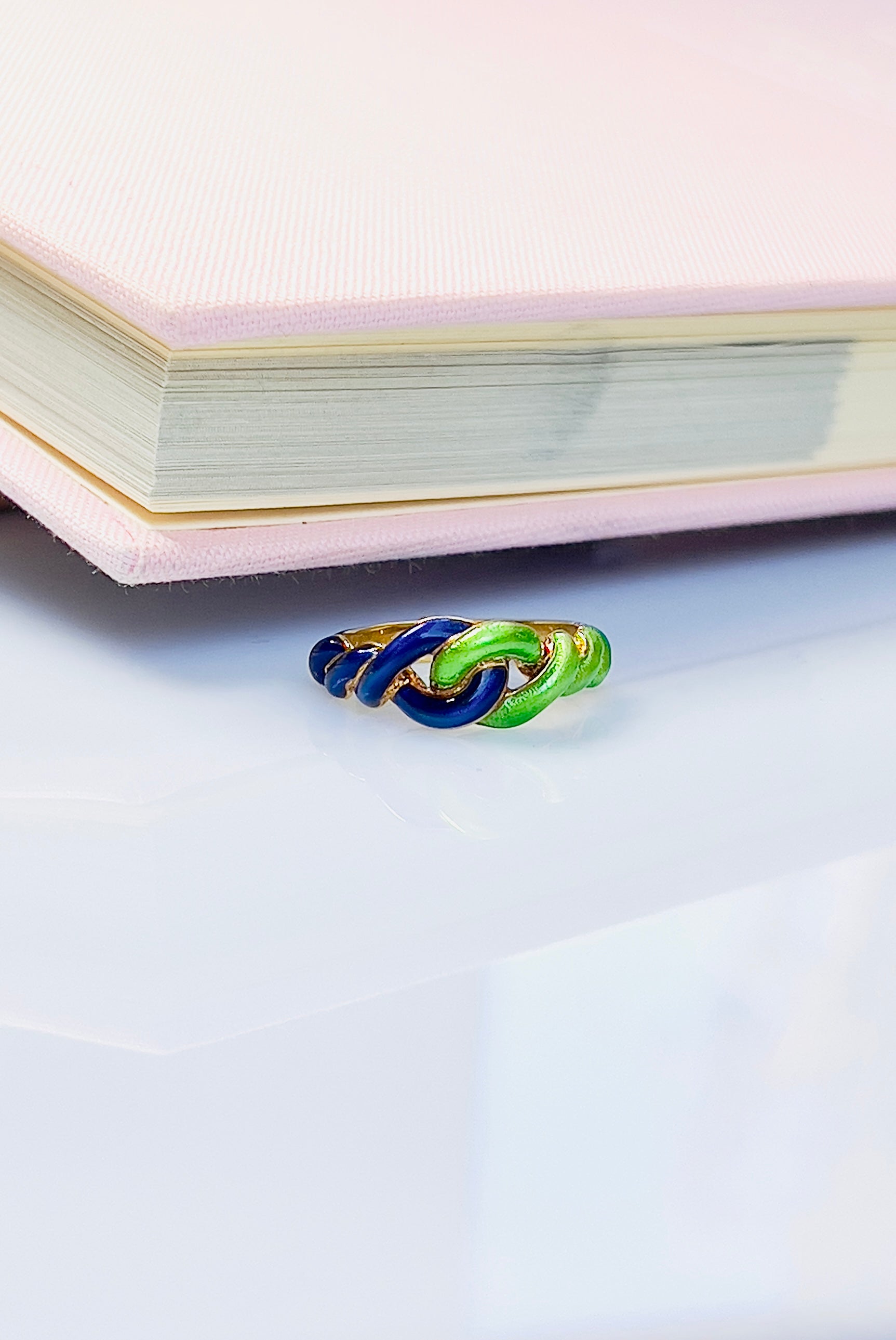 Vintage Blue and Green Enamel Gold Knot Ring, Size 7.75