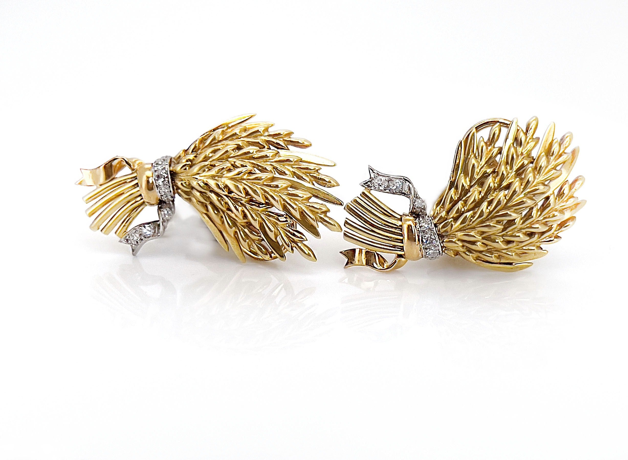 Vintage 18k Wheat Stalk Clip on Earrings