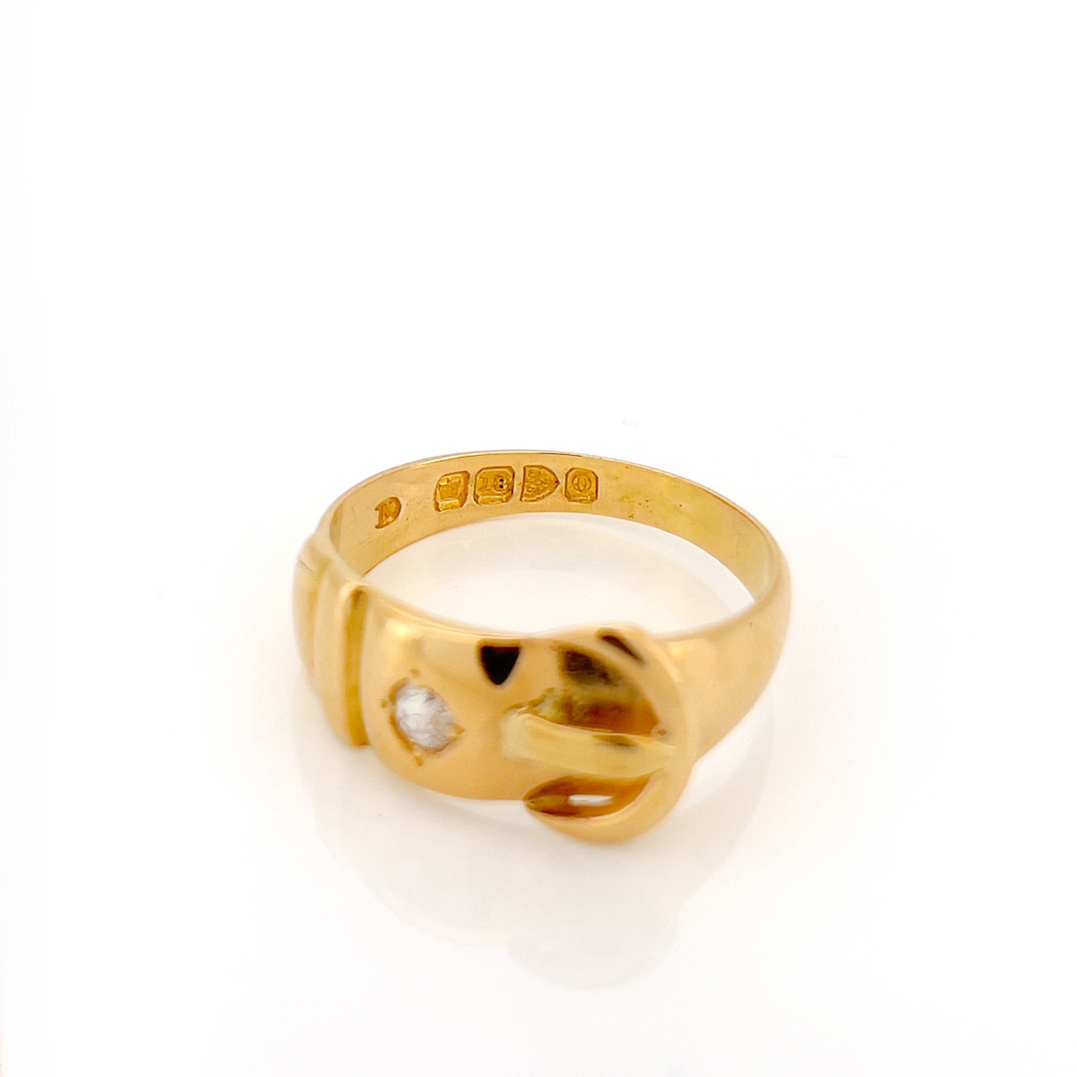 Victorian 18K Old Mine Cut Diamond Buckle Ring, Size 6.75, Chester 1897