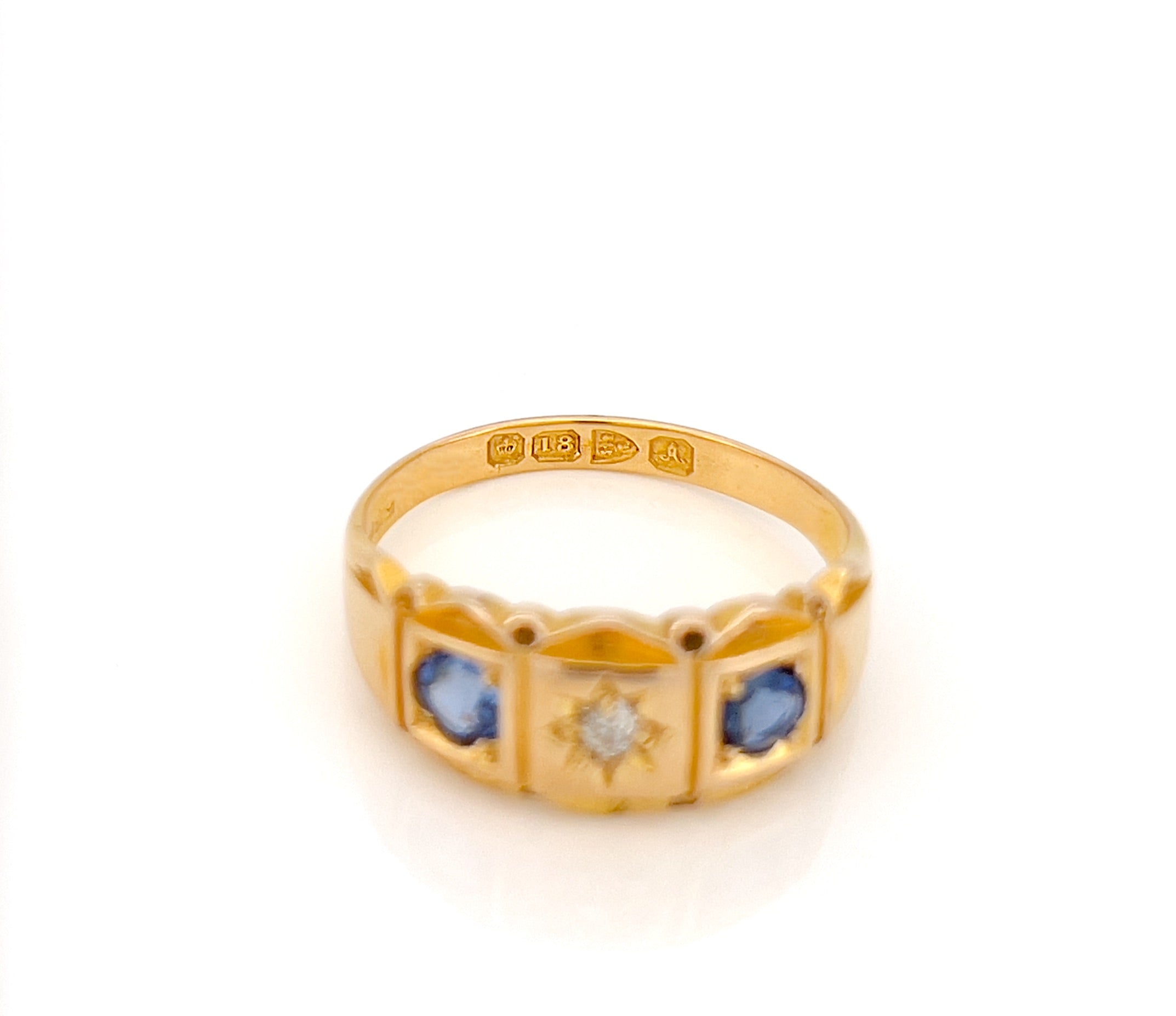 Edwardian 18K Sapphire & Old Mine Cut Diamond Celestial Star Ring, Size 7, Chester 1901