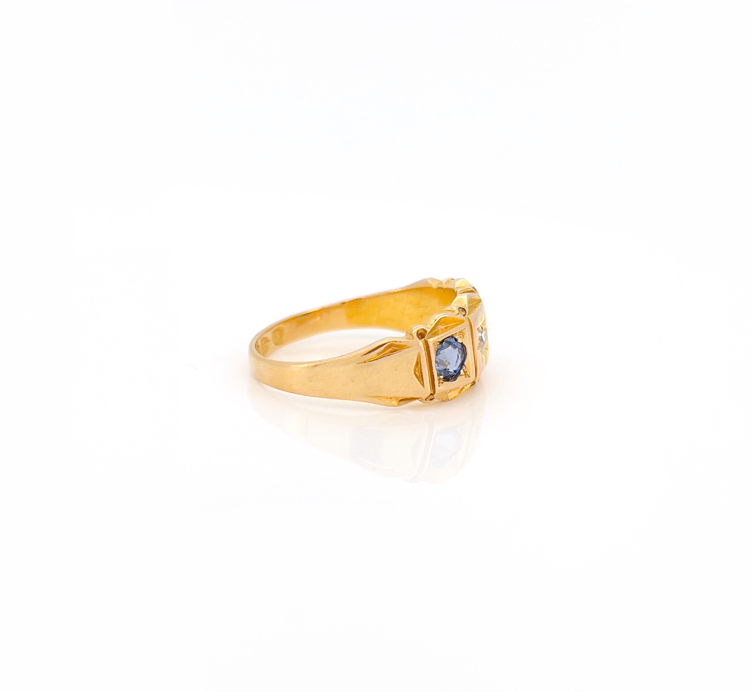 Edwardian 18K Sapphire & Old Mine Cut Diamond Celestial Star Ring, Size 7, Chester 1901