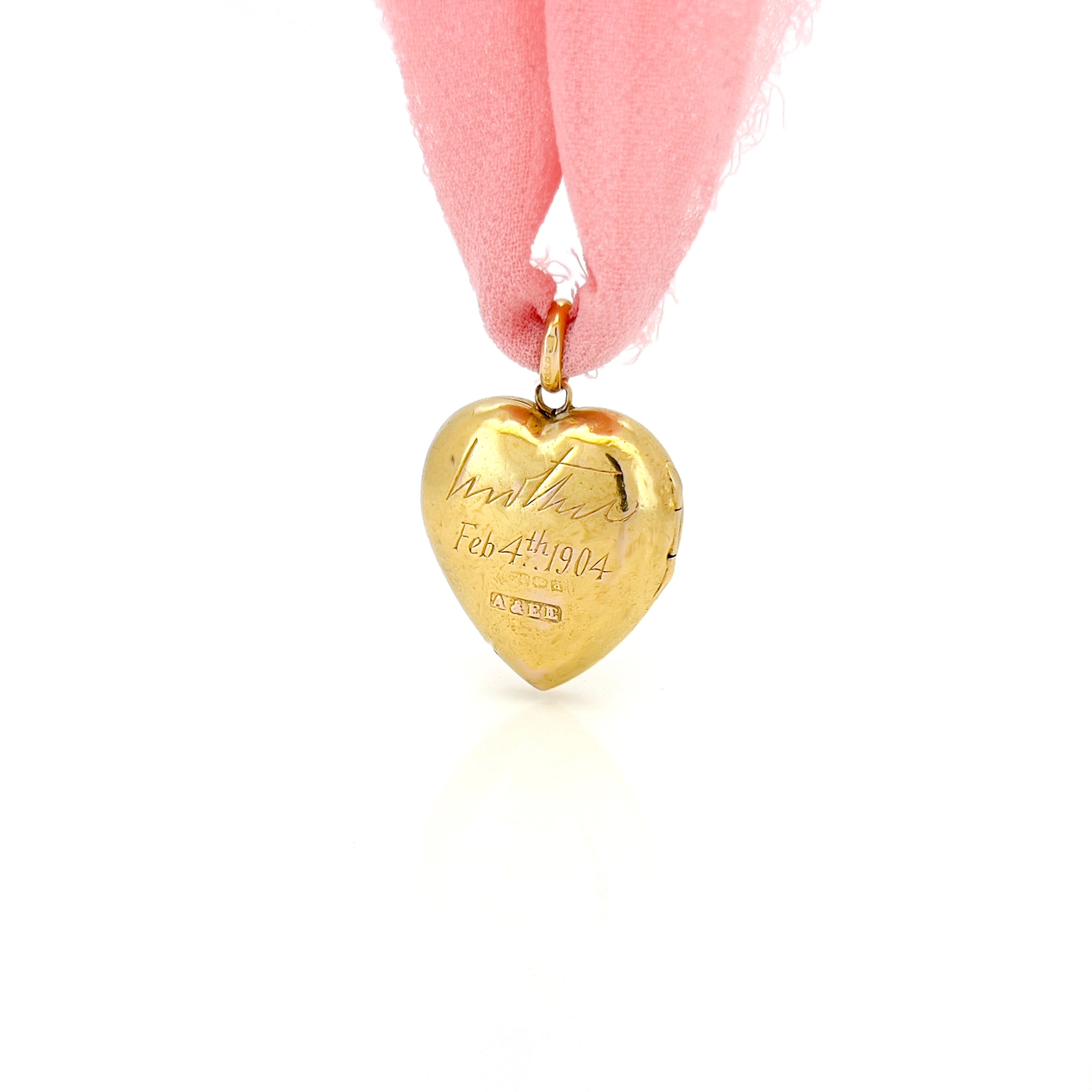 Edwardian 15K Pearl Heart Locket, Feb. 4th 1904