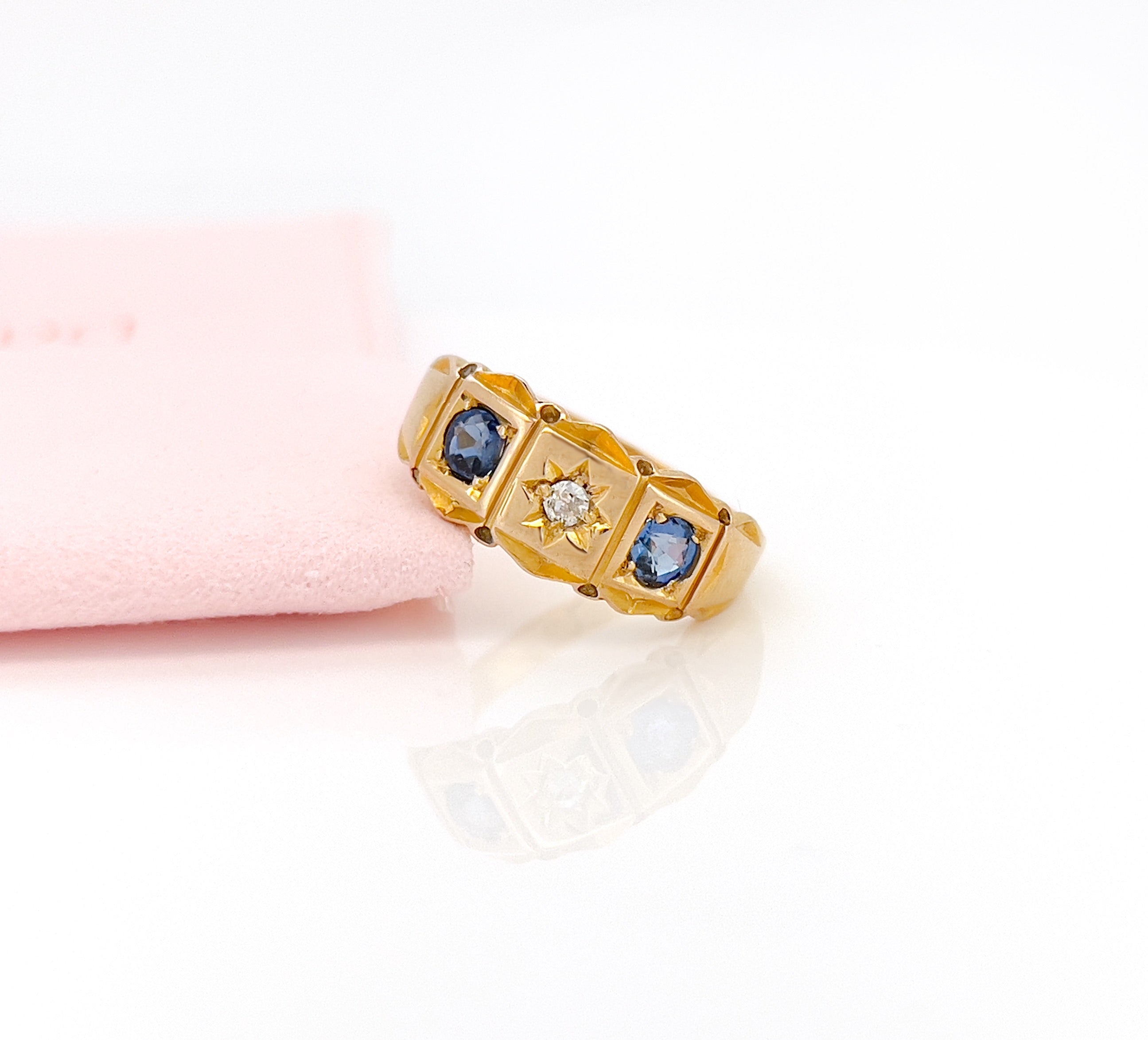 Edwardian 18K Sapphire & Old Mine Cut Diamond Celestial Star Ring, Size 7, Chester 1901