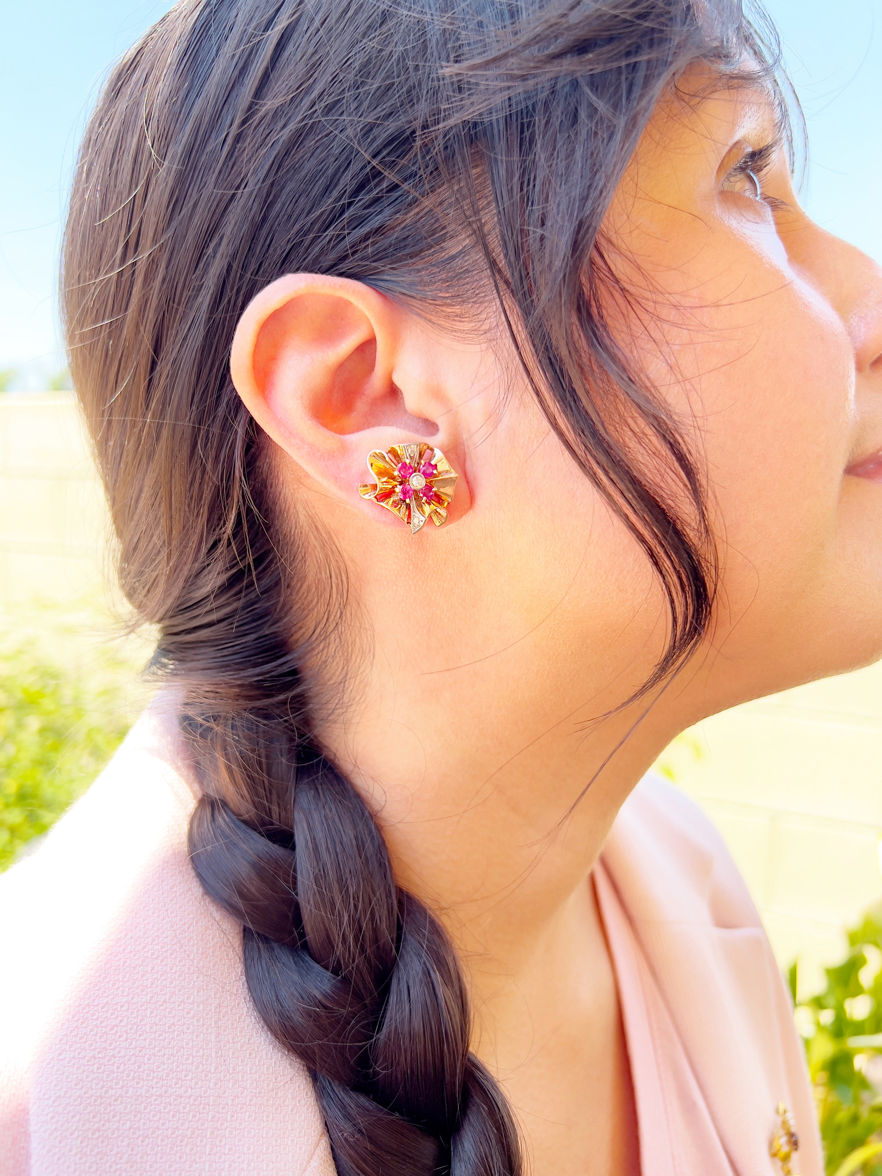 Retro Old European Cut Diamond and Ruby Screw Back Earrings