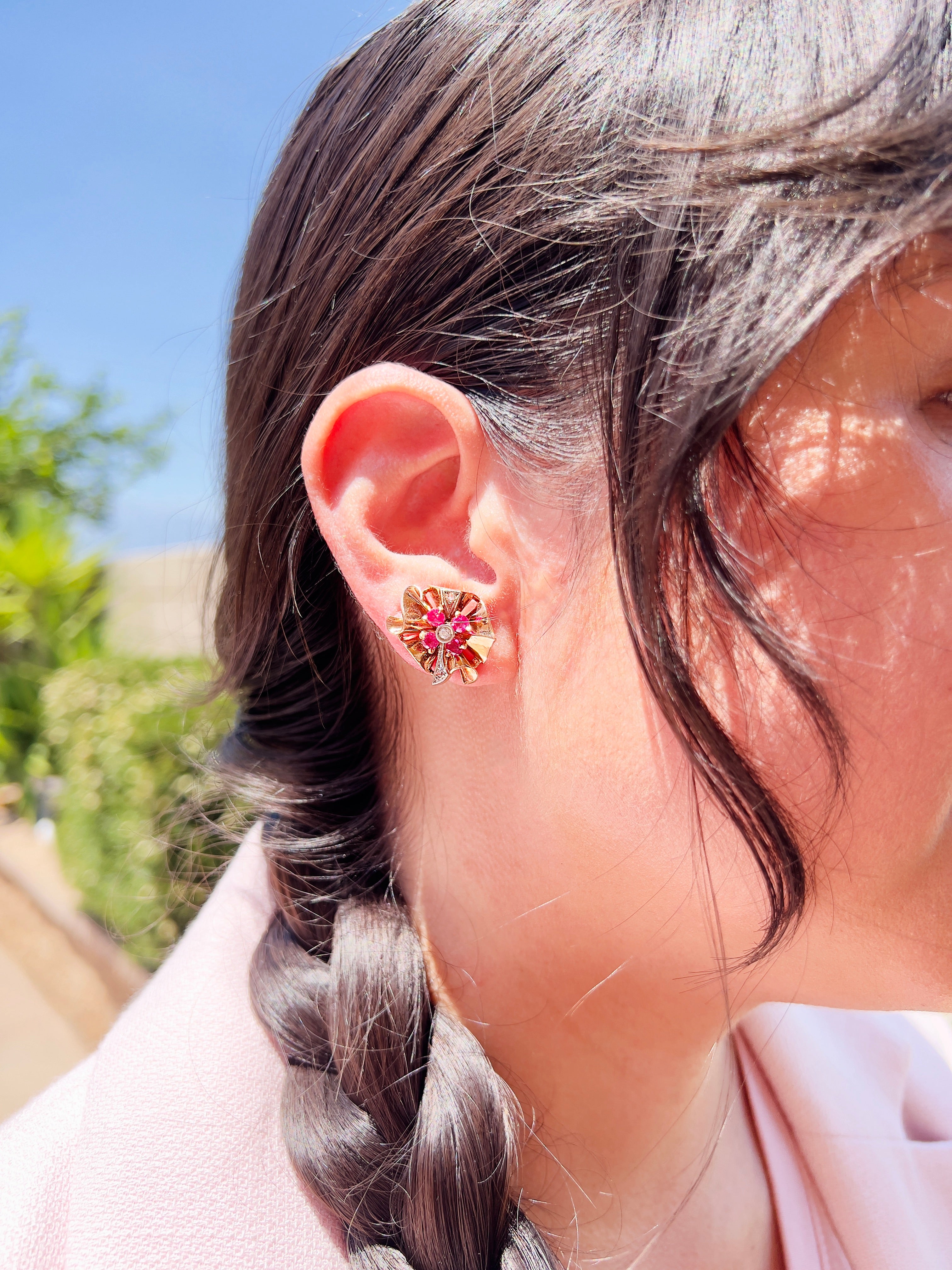 Retro Old European Cut Diamond and Ruby Screw Back Earrings