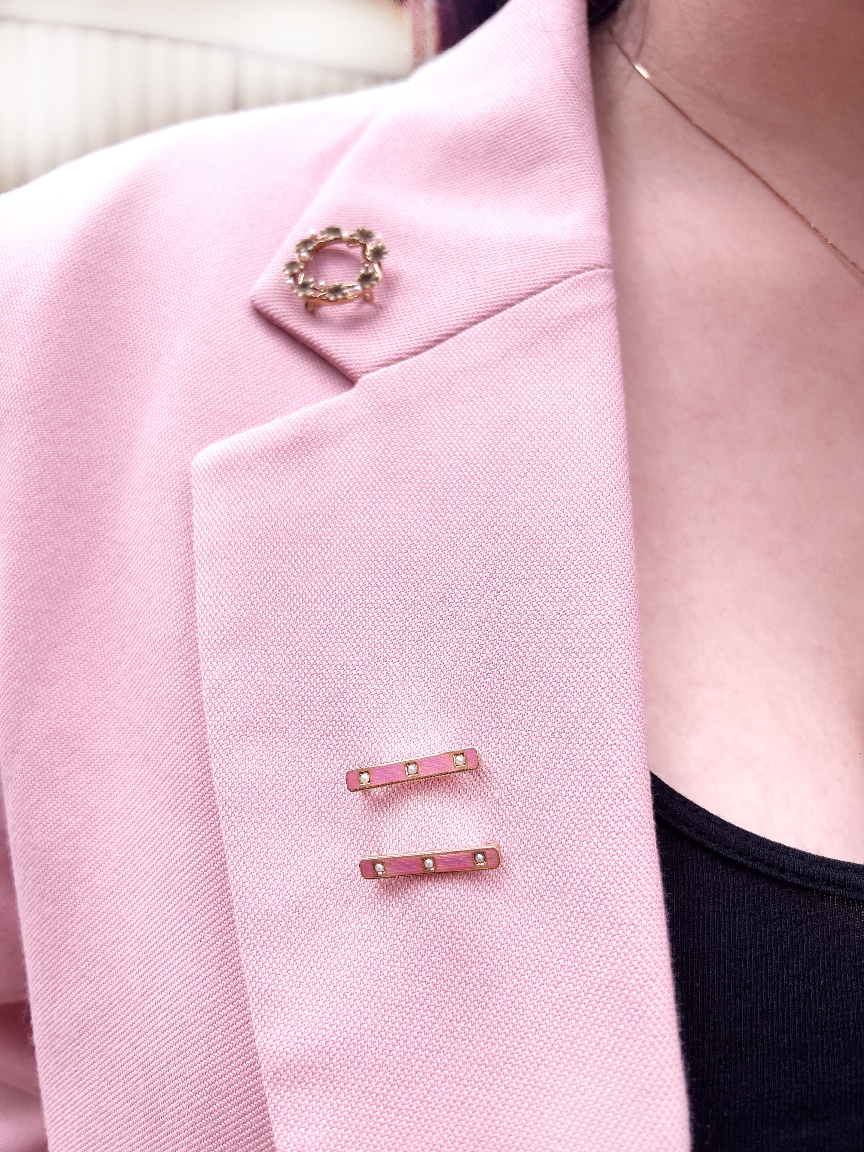 Antique Pink Guilloche Lingerie Pin, Seed Pearls, 14K