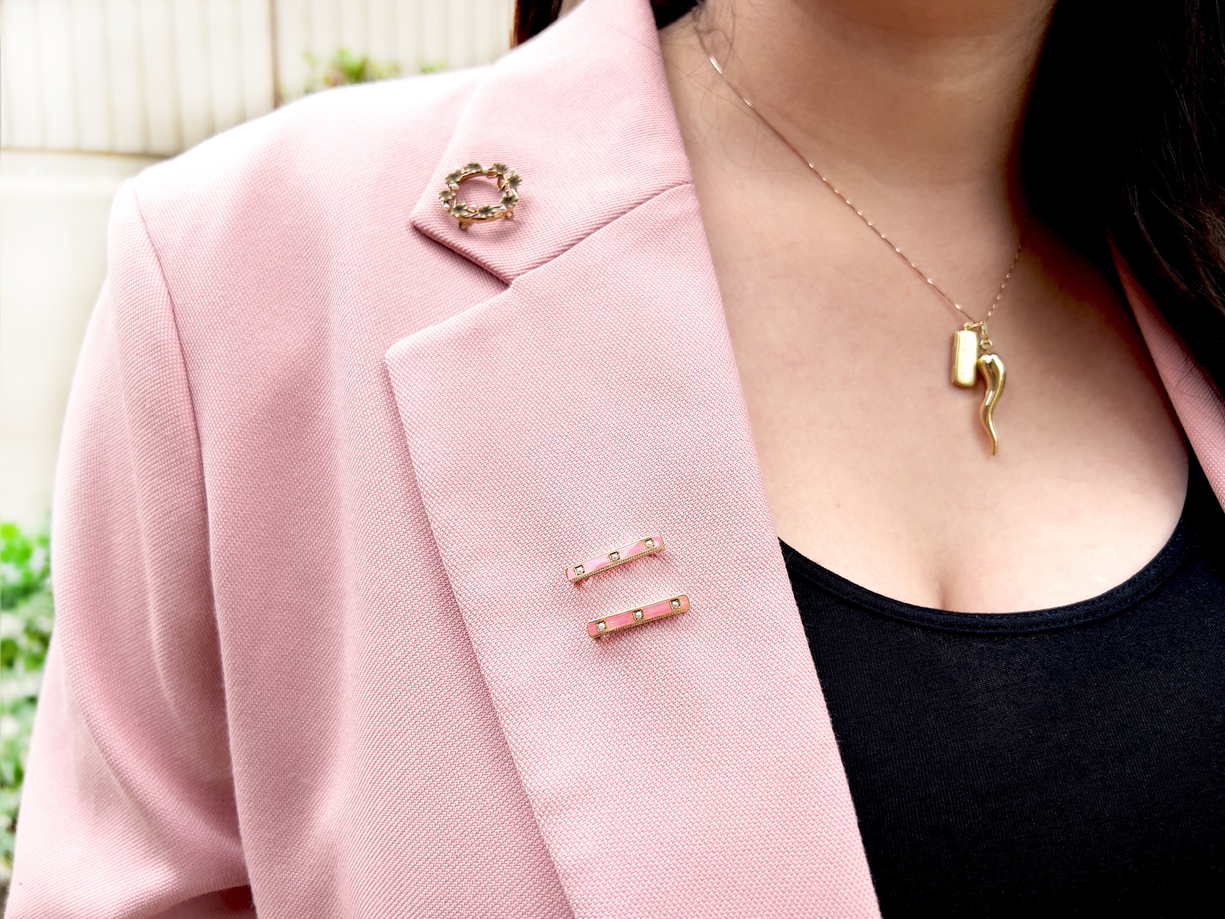 Antique Pink Guilloche Lingerie Pin, Seed Pearls, 14K