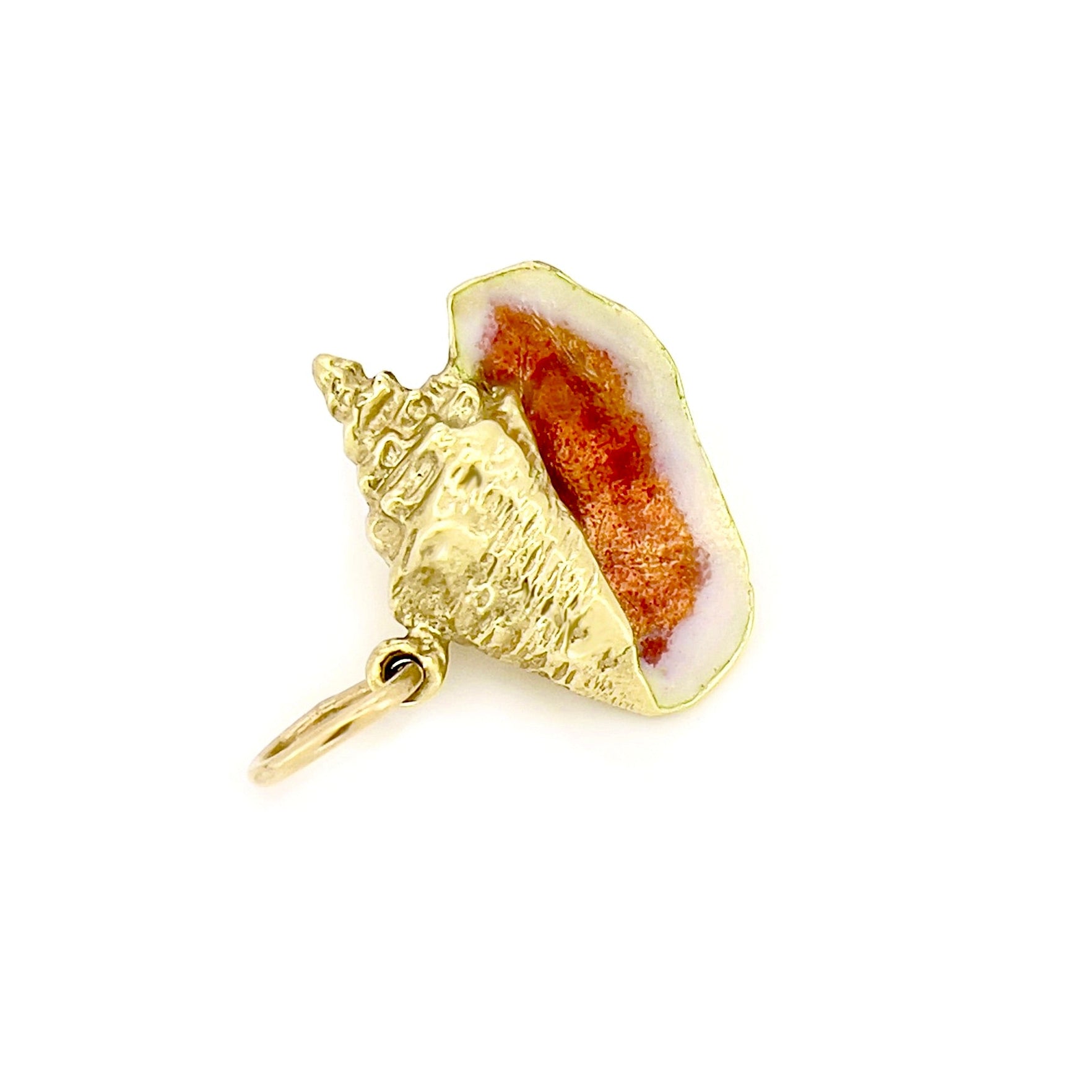 Gold pendant with a conch shell and agate stone on a white background