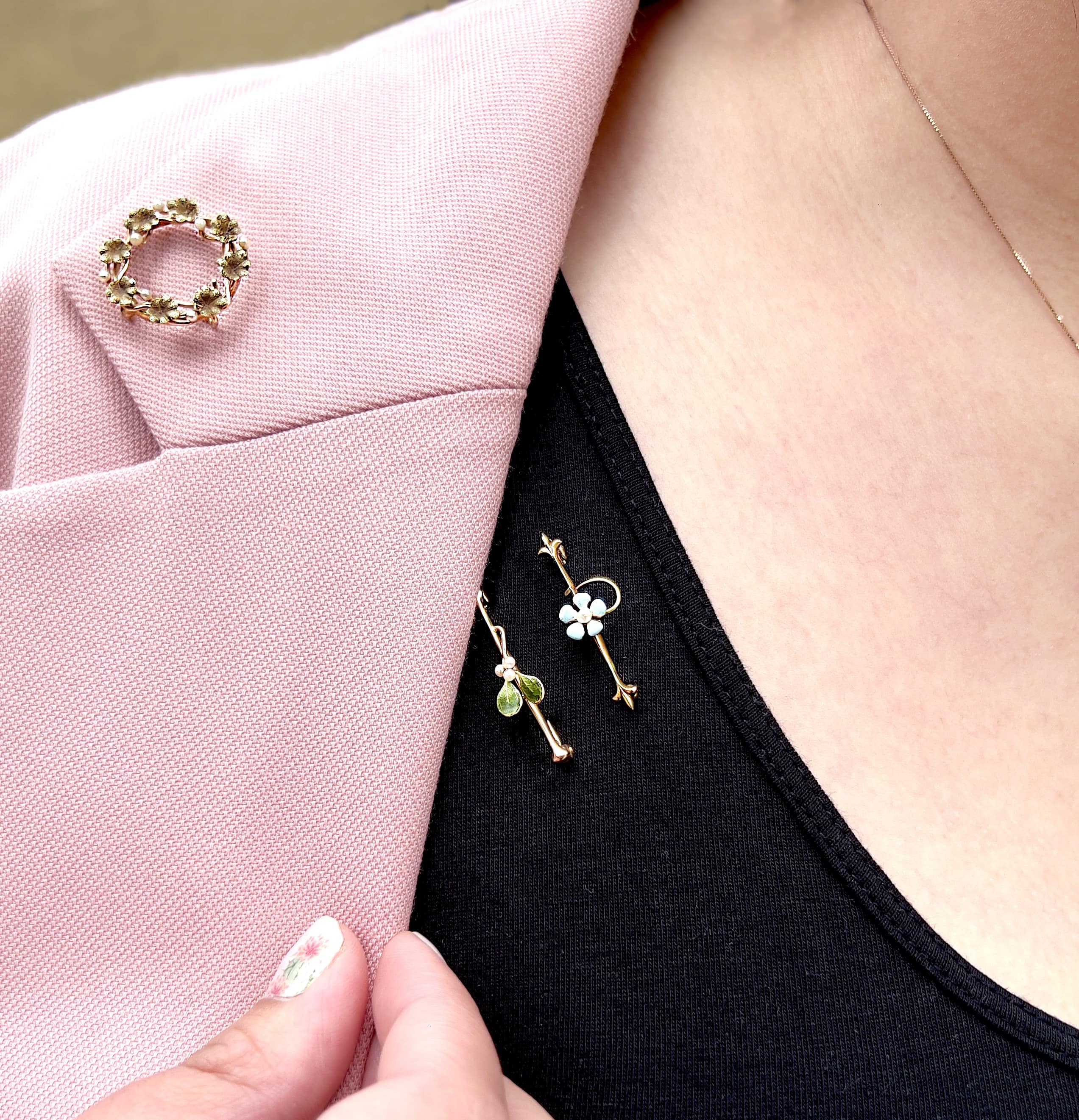 Antique Forget Me Not, Blue Enamel Flower Brooch, 10K