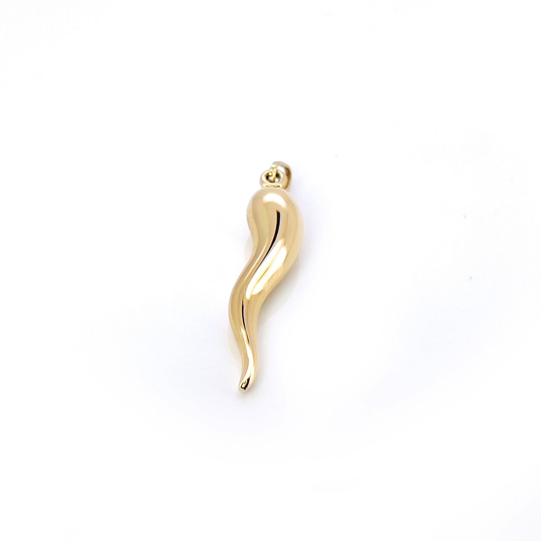 Large Gold Cornicello Charm, Italian Horn, 14K